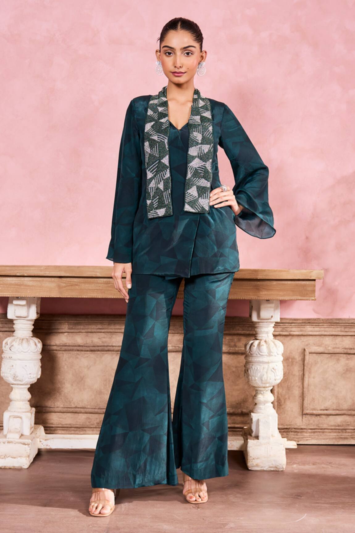 Krisha Sunny Ramani Geometric Hand Embroidered Jacket With Pant