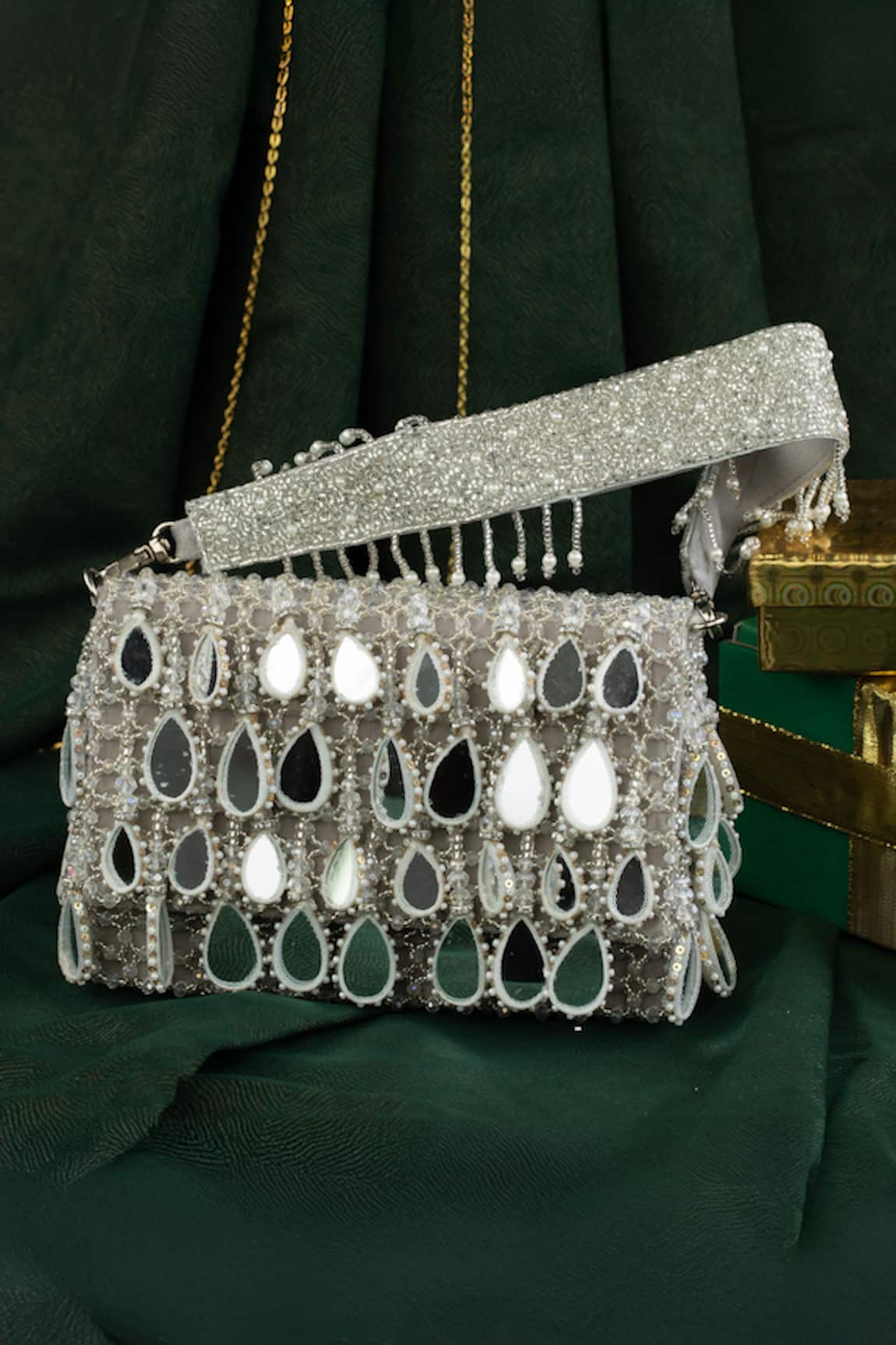 Nayaab By Sonia Aaina Kasse Sheesha Embroidered Box Shaped Potli Bag 