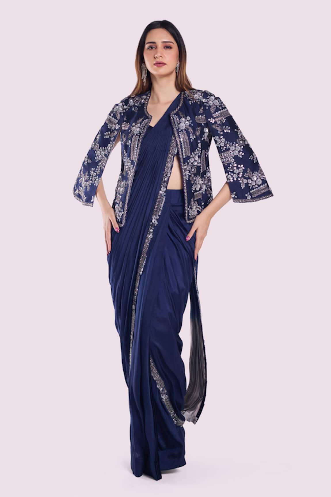 Onaya Silk Pre-Stitched Saree Sequin Embellished Jacket Set 