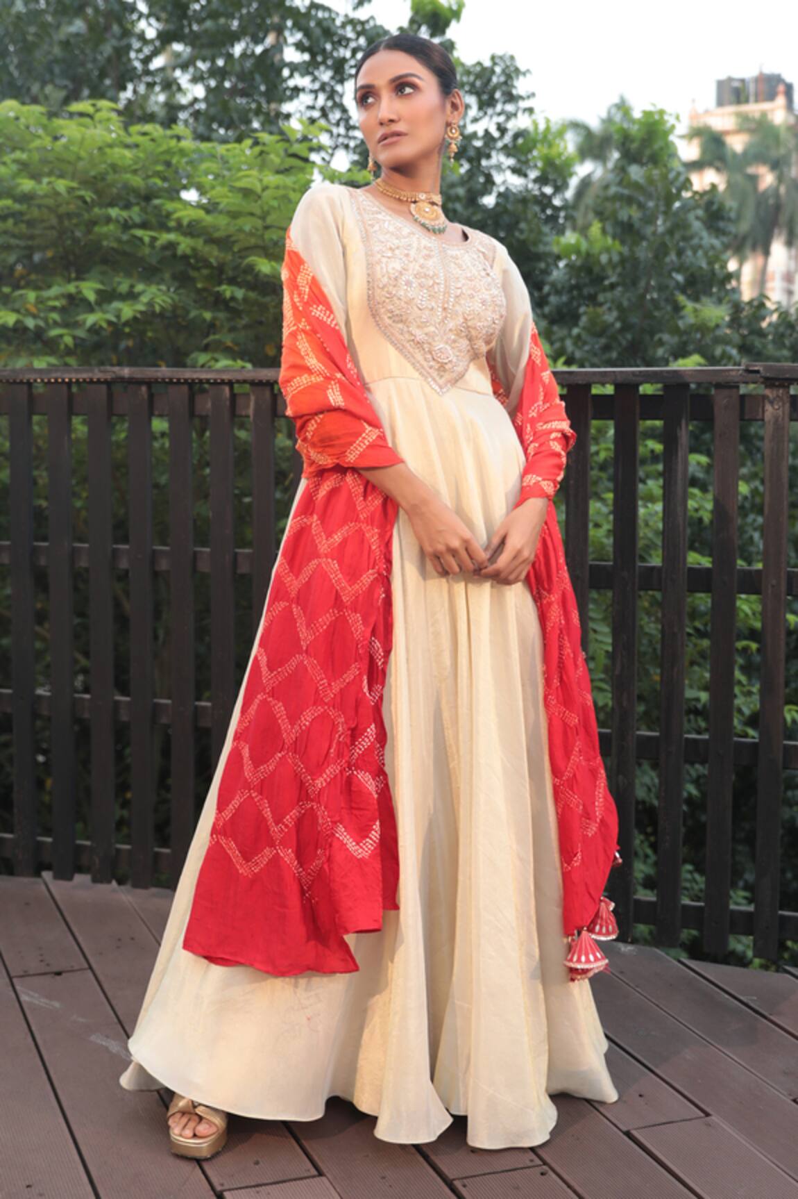 Bandhani Gota Patti Embroidered Yoke Anarkali With Dupatta