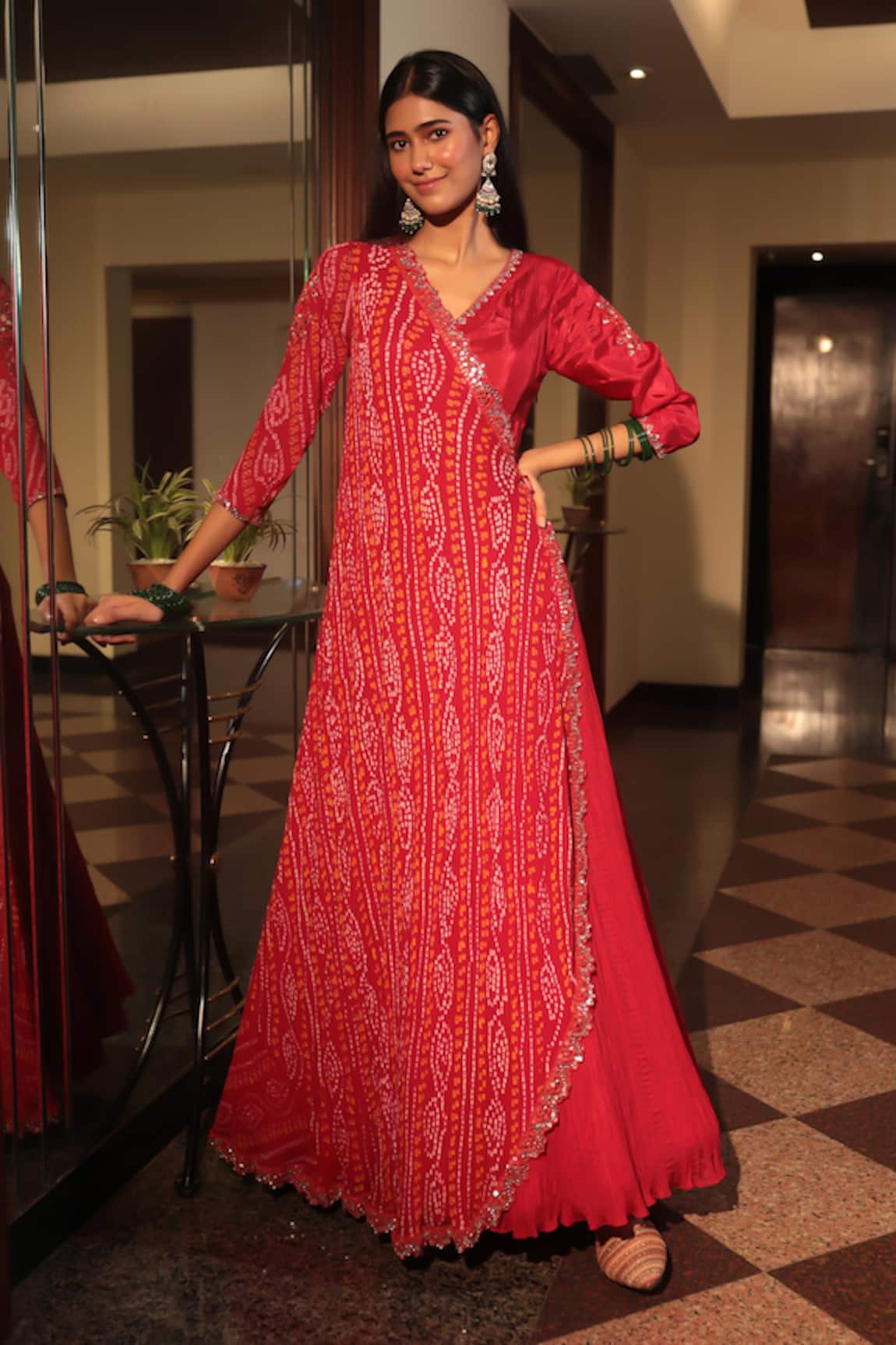 Bandhani Silk Mirror Embroidered Angarkha Style Anarkali