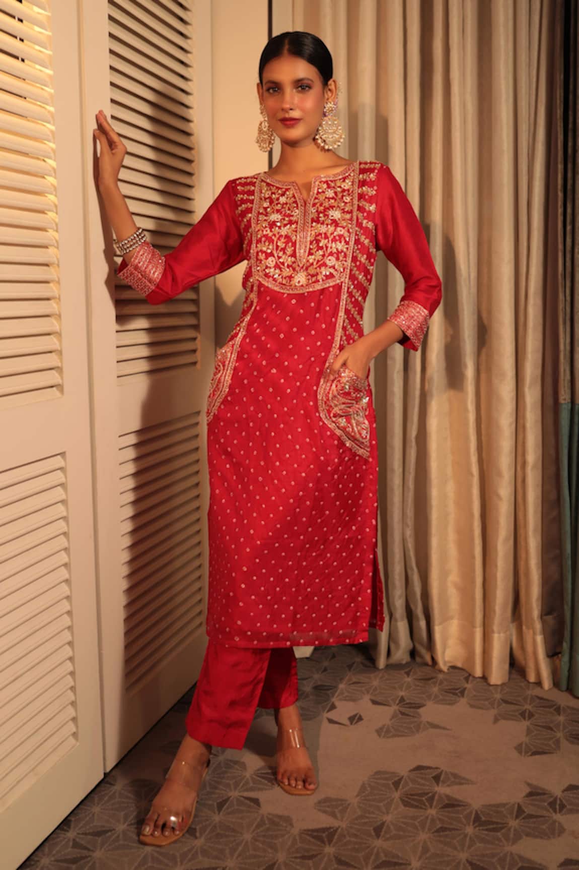 Bandhani Silk Zardosi Embroidered Straight Kurta With Pant