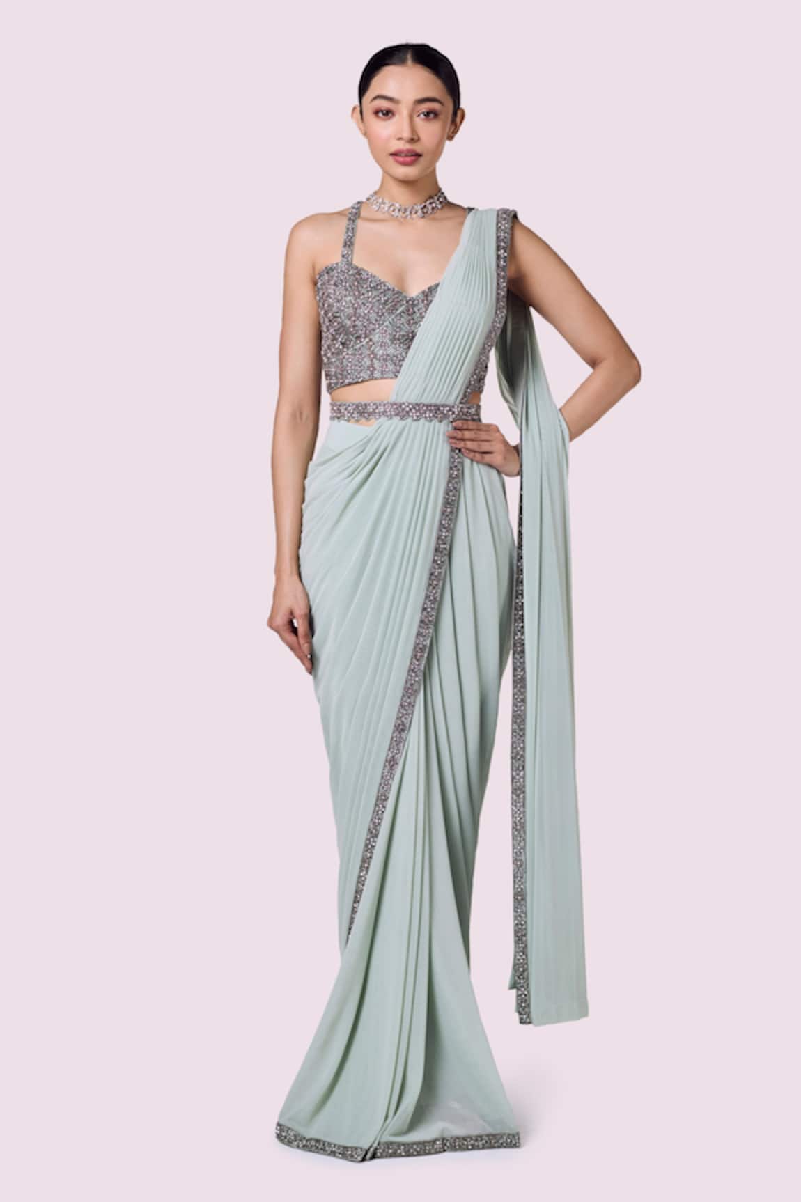 Onaya Border Embroidered Pre-Draped Saree With Blouse