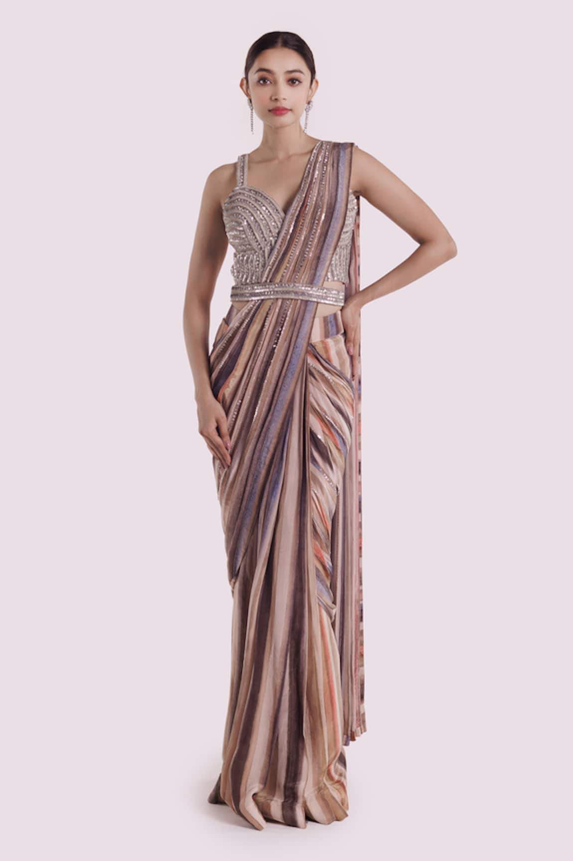 Onaya Stripe Pattern Pre-Stitched Saree With Blouse 