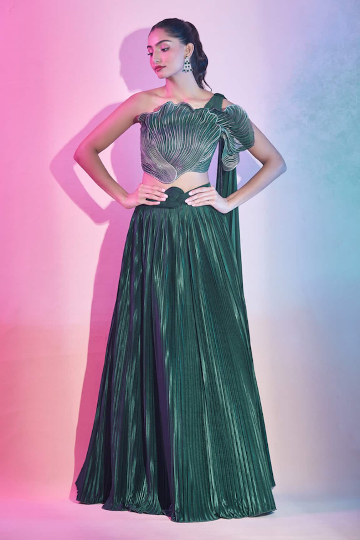 Amit Aggarwal Pleated Lehenga With Floral Structured Draped Blouse