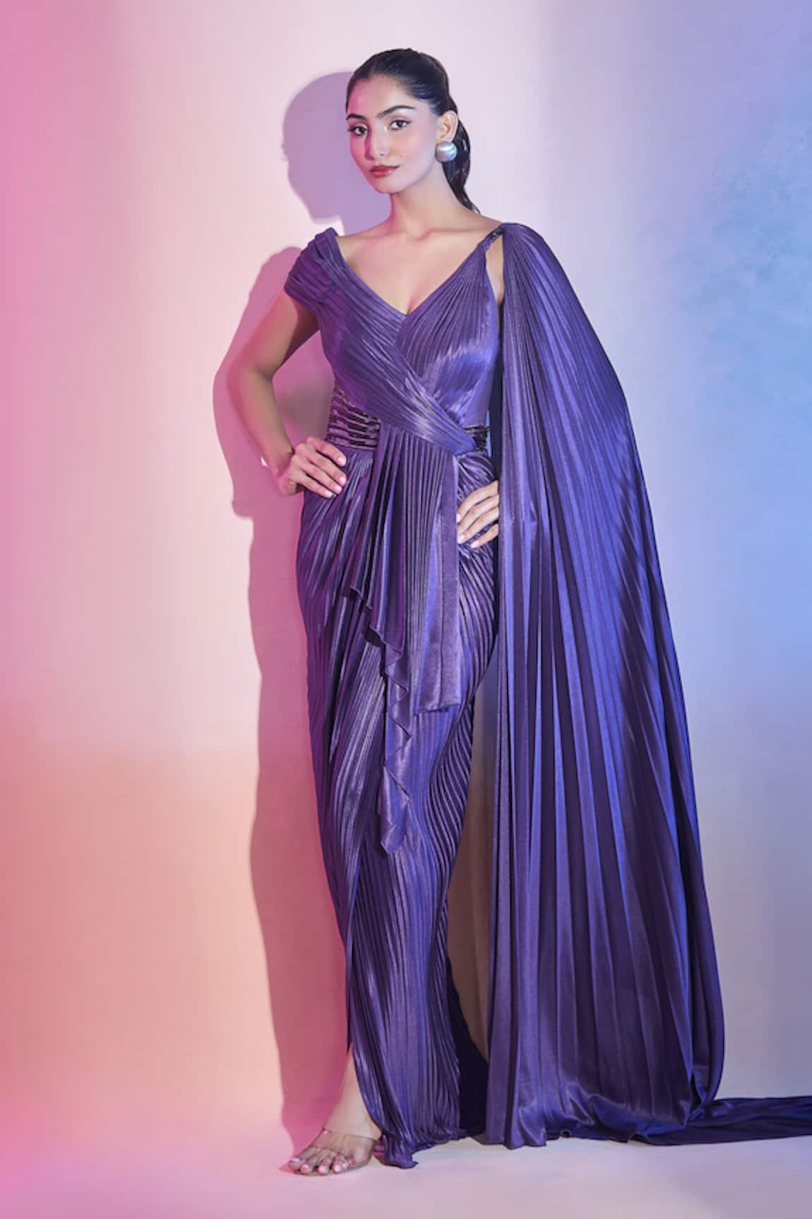 Amit Aggarwal Pleated Asymmetric Draped Saree Gown