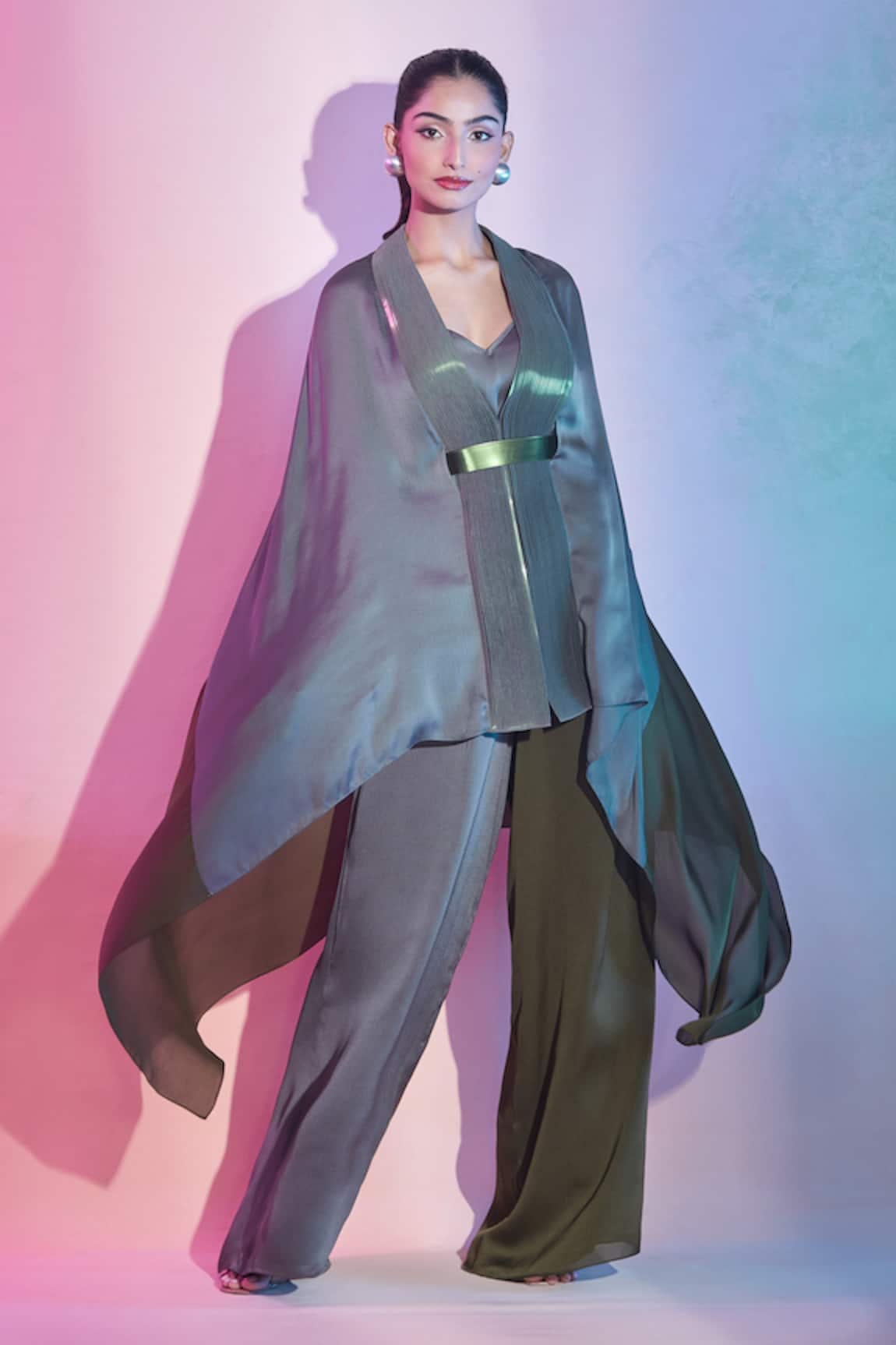 Amit Aggarwal Corded Cape Top With Color Block Flared Pant