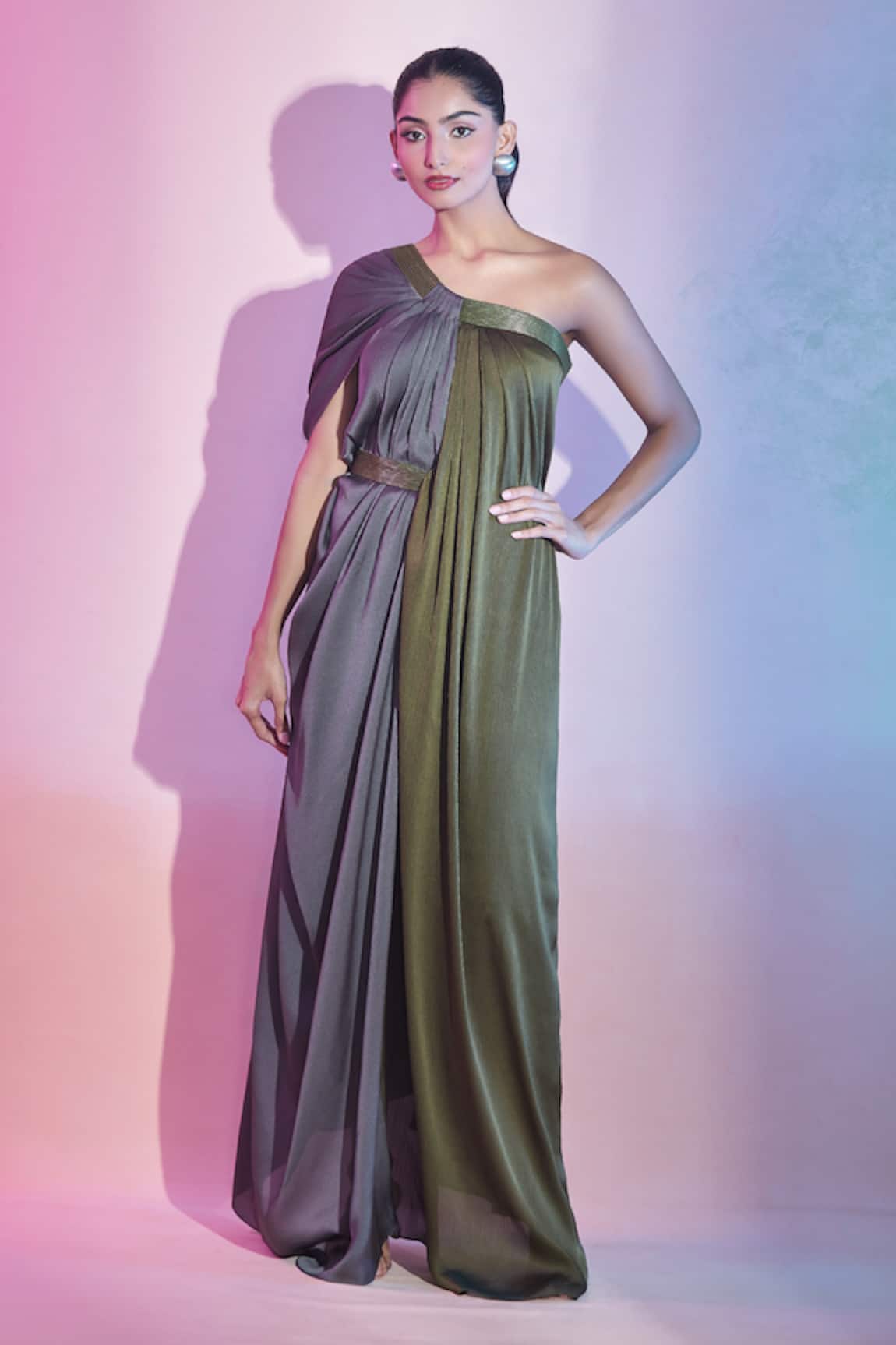 Amit Aggarwal One Shoulder Draped Color Block Dress