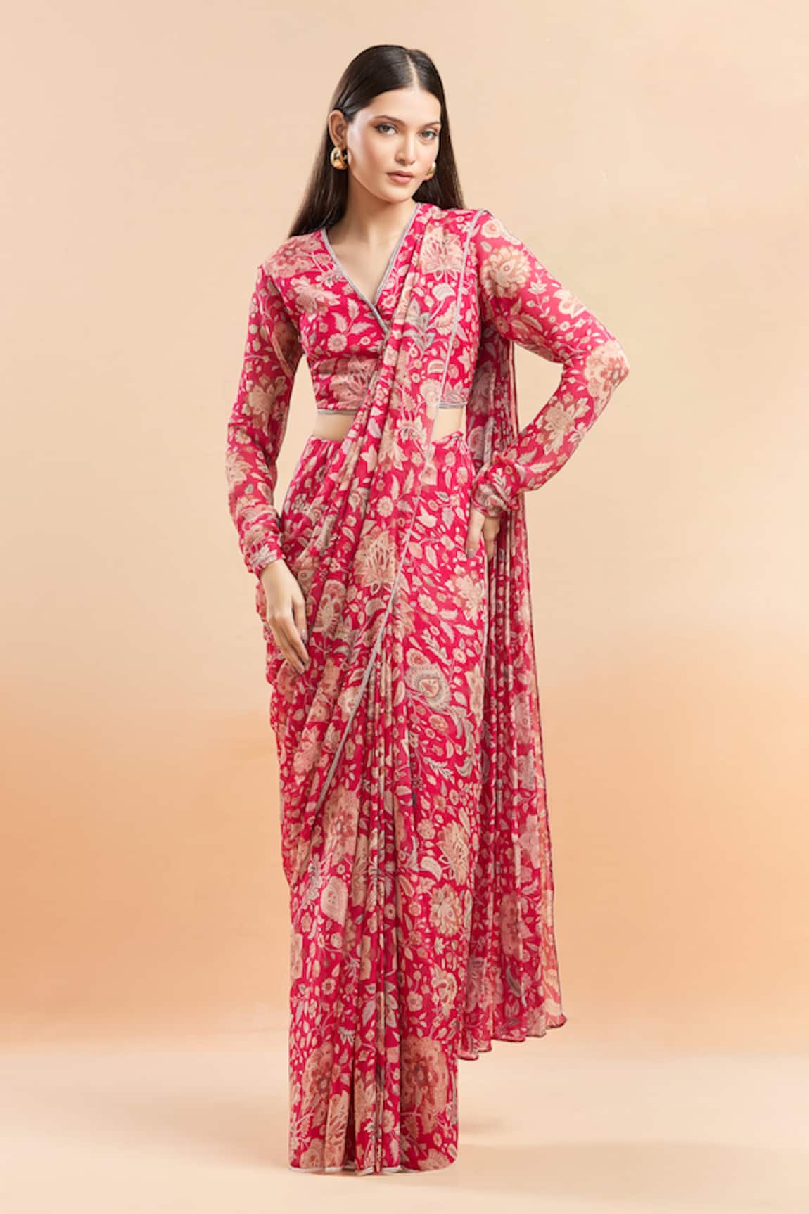 Ridhi Mehra Floral Print Red Saree Set