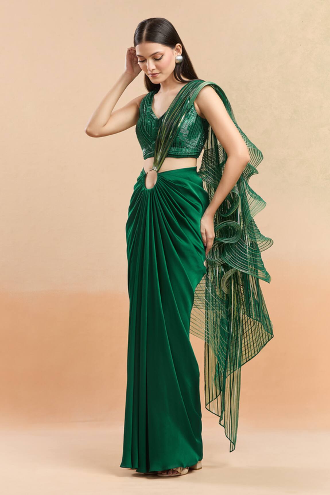 Amit Aggarwal Emerald Green Cutdana Embellished Pre-Draped Saree 