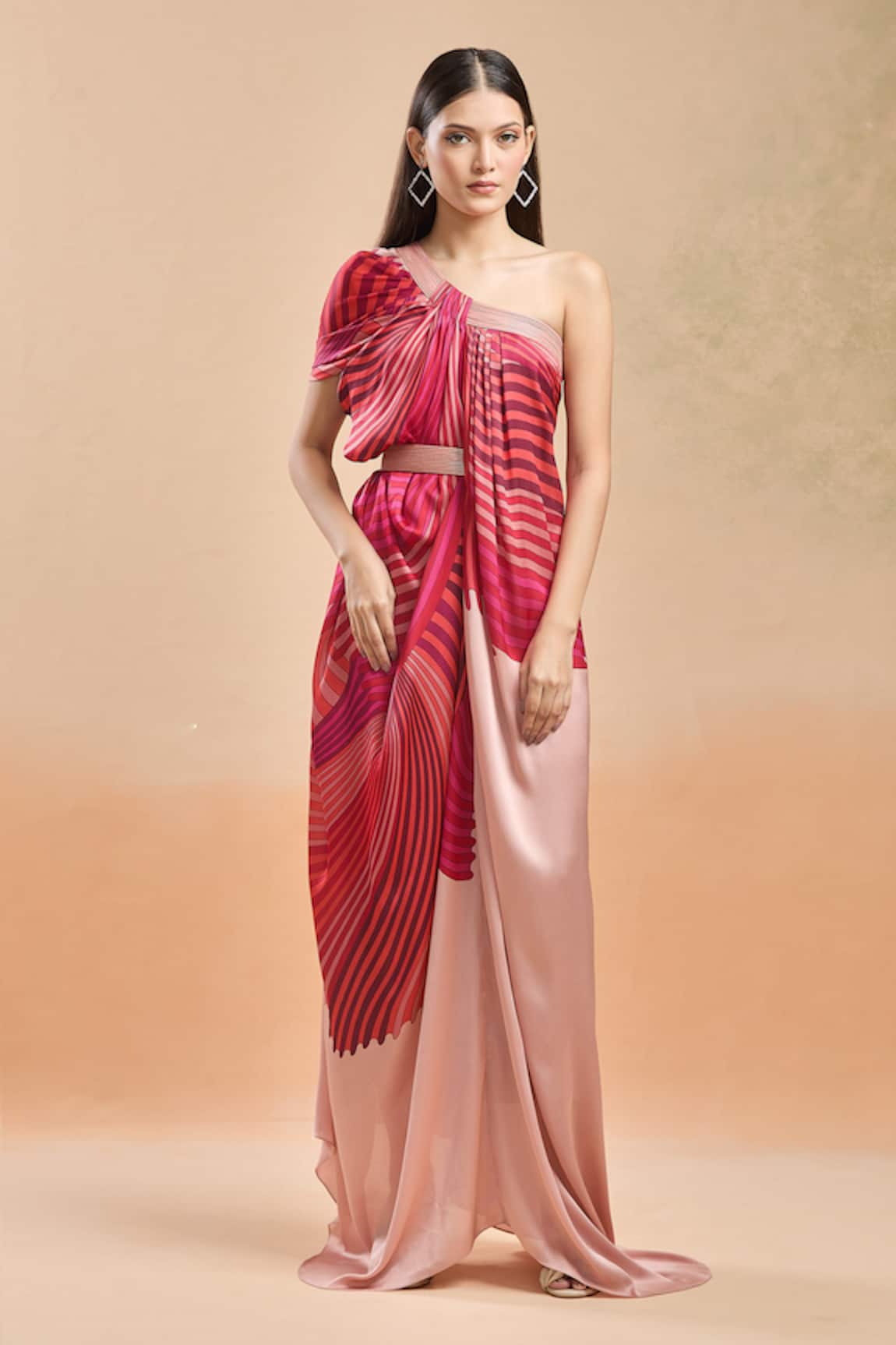 Amit Aggarwal One Shoulder Printed Draped Maxi Dress 