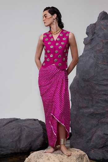 Tisha Saksena Faraz Mirror Embellished Waistcoat With Bandhini Draped Skirt