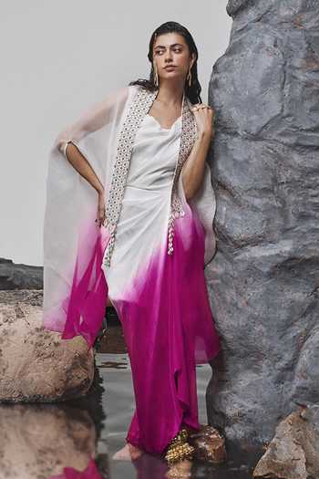 Tisha Saksena Firaq Ombre Embroidered Cape With Dress