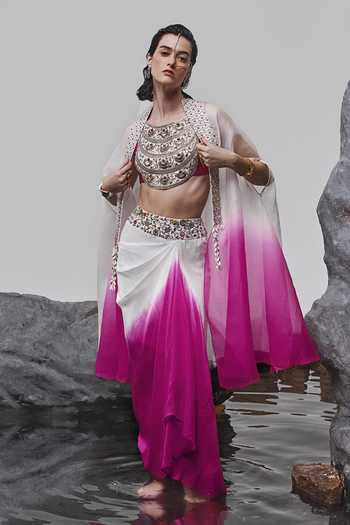 Tisha Saksena Iman Zardozi Embroidered Ombre Cape Draped Skirt Set