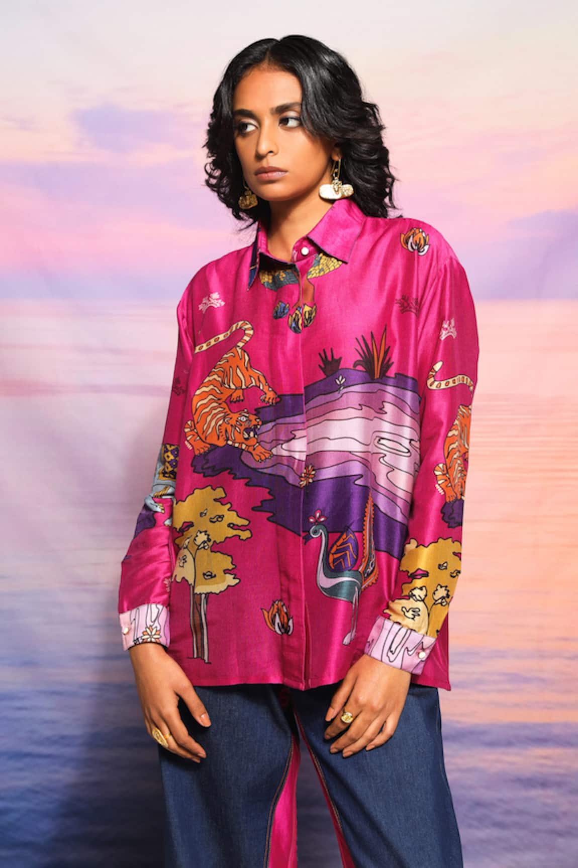 Ananya Agrawal Label Botanical Print Chanderi Shirt