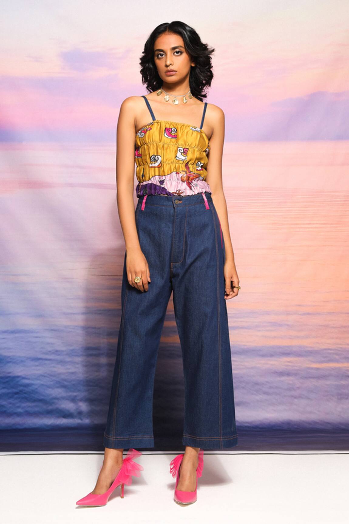 Ananya Agrawal Label Abstract Printed Top & Denim Trousers