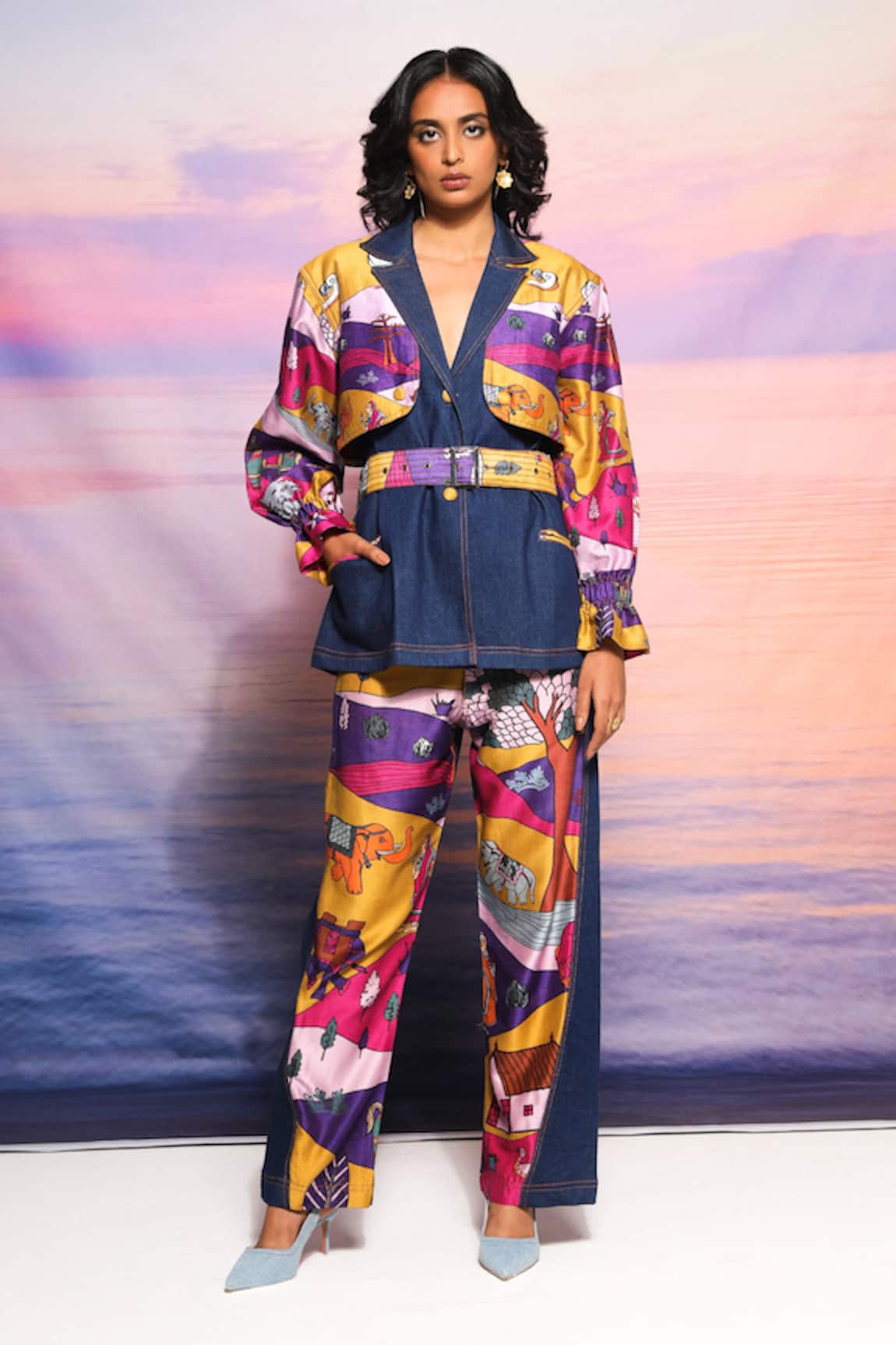 Ananya Agrawal Label Abstract Print Denim Trench