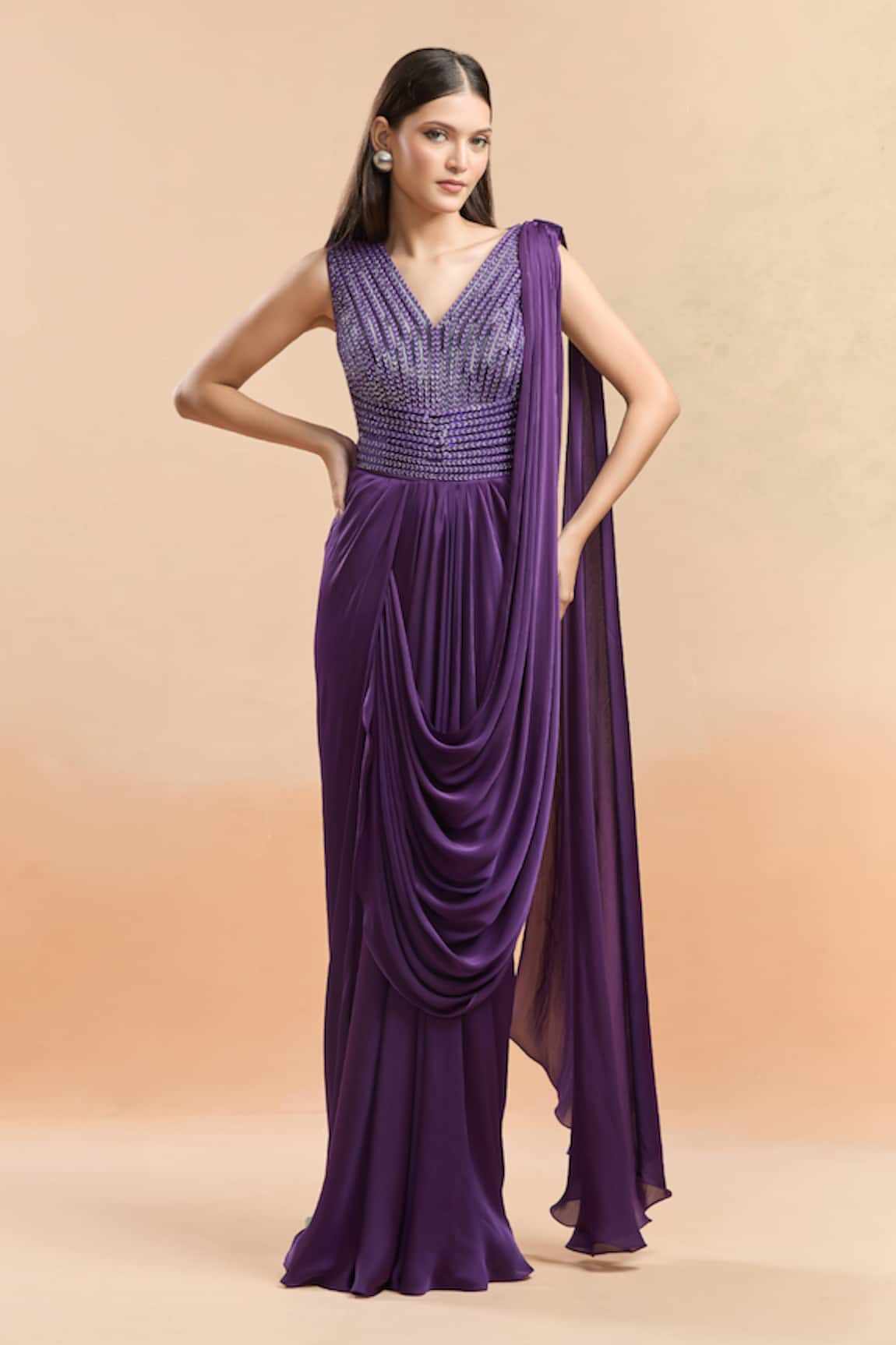 Amit Aggarwal Cutdana Embellished Purple Saree Gown