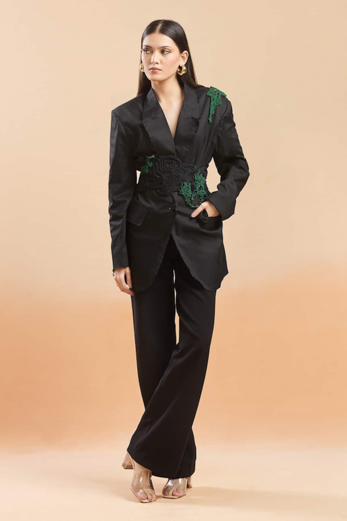 AK-OK Embellished Black Blazer With Belt 