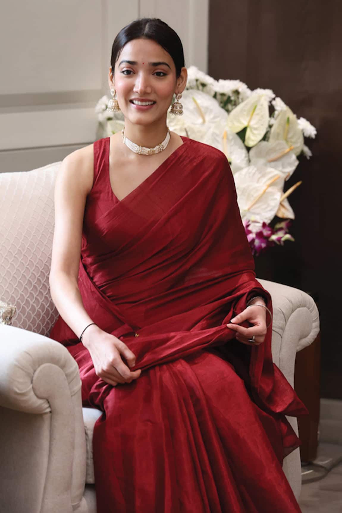 Dressfolk Red Handwoven Tissue Saree with Running Blouse 