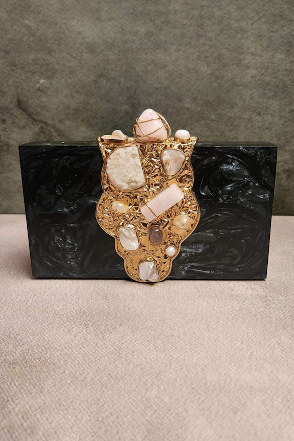 Adwita Bags & Jewels Theos Carved Metal Stone Embellished Clutch Bag