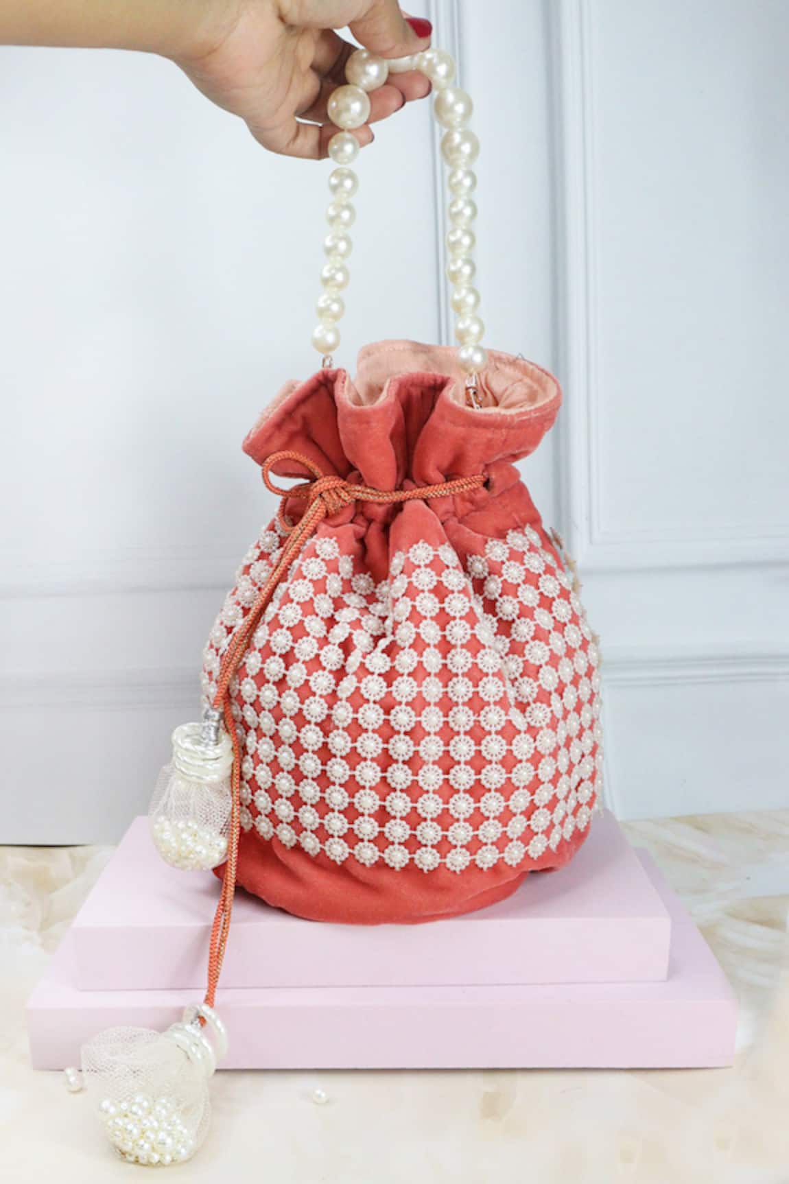 Soho Boho Studio By Aarti Thakur Velvet Pearl Embellished Potli