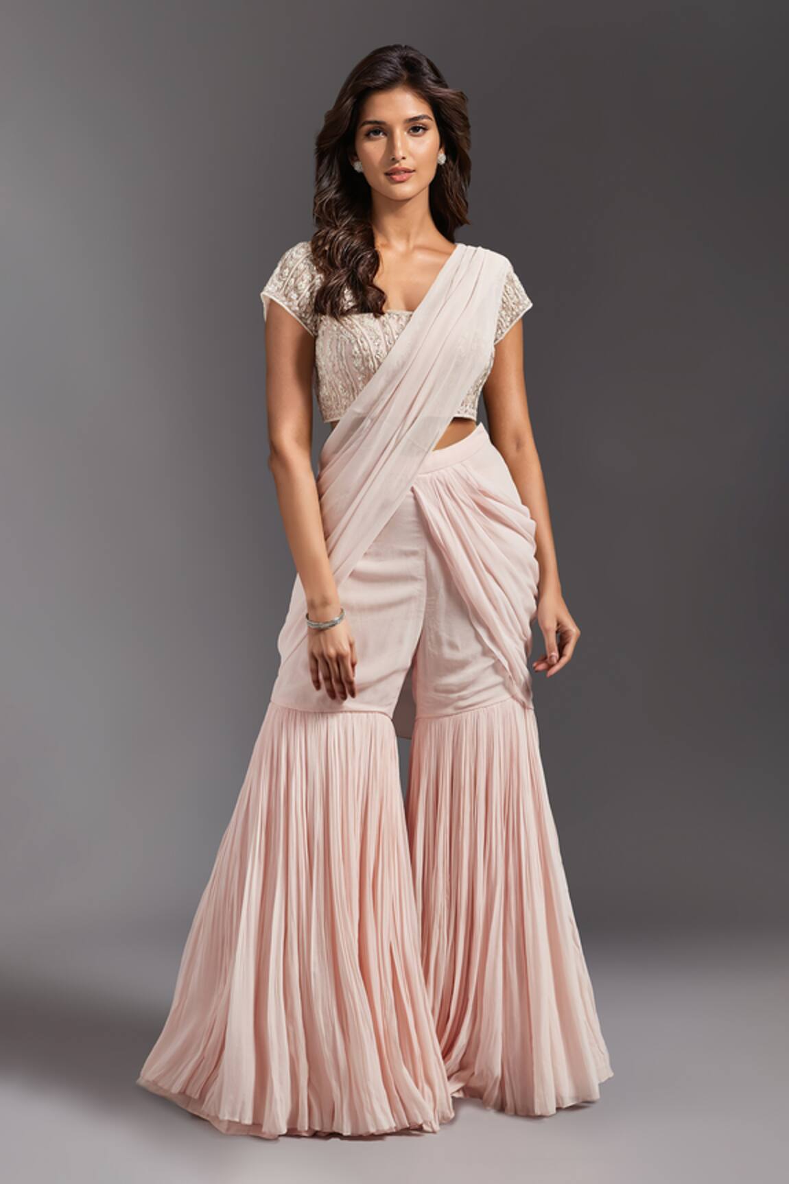 Maisolos Solid Pre-Draped Sharara Saree With Embroidered Blouse 