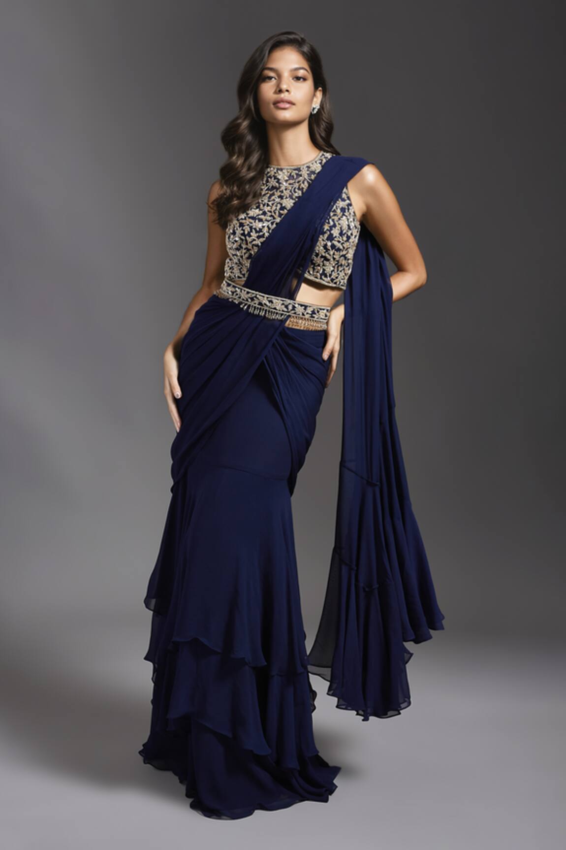 Maisolos Solid Pre-Draped Ruffle Saree With Blouse
