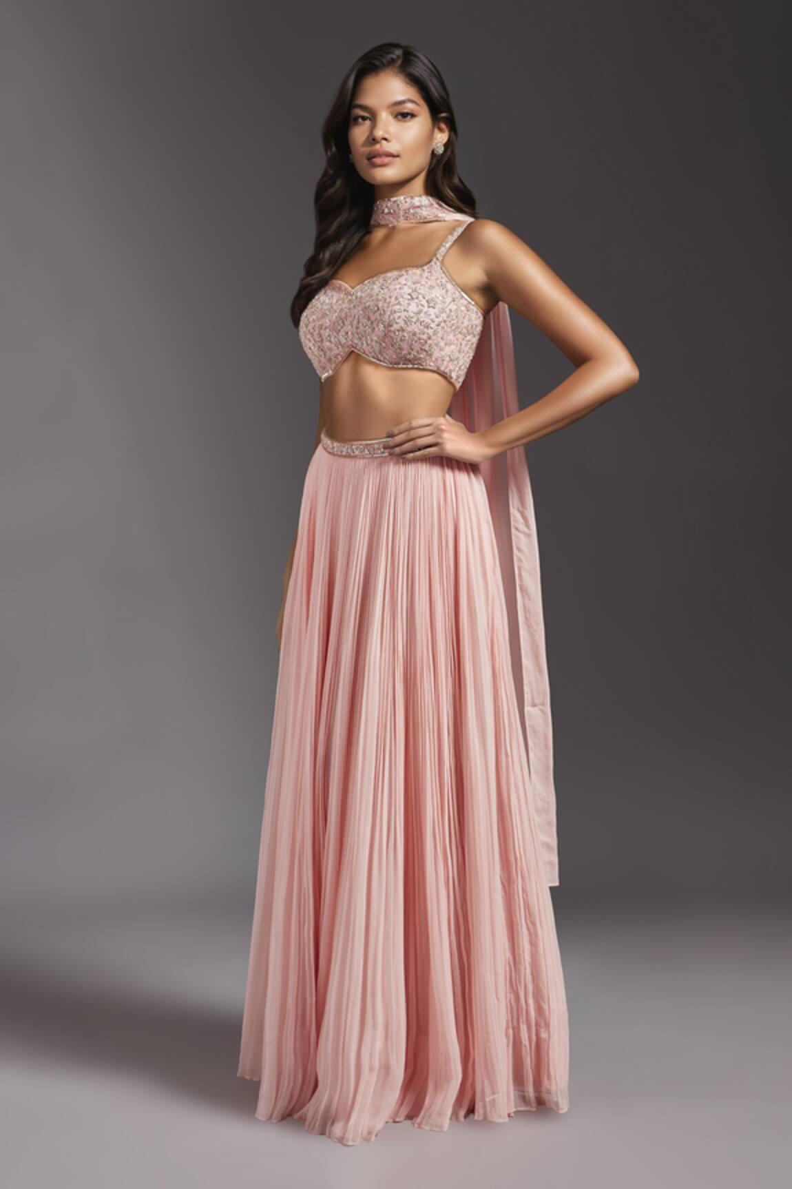 Maisolos Hand Embroidered Waist Lehenga Set With Choker Dupatta