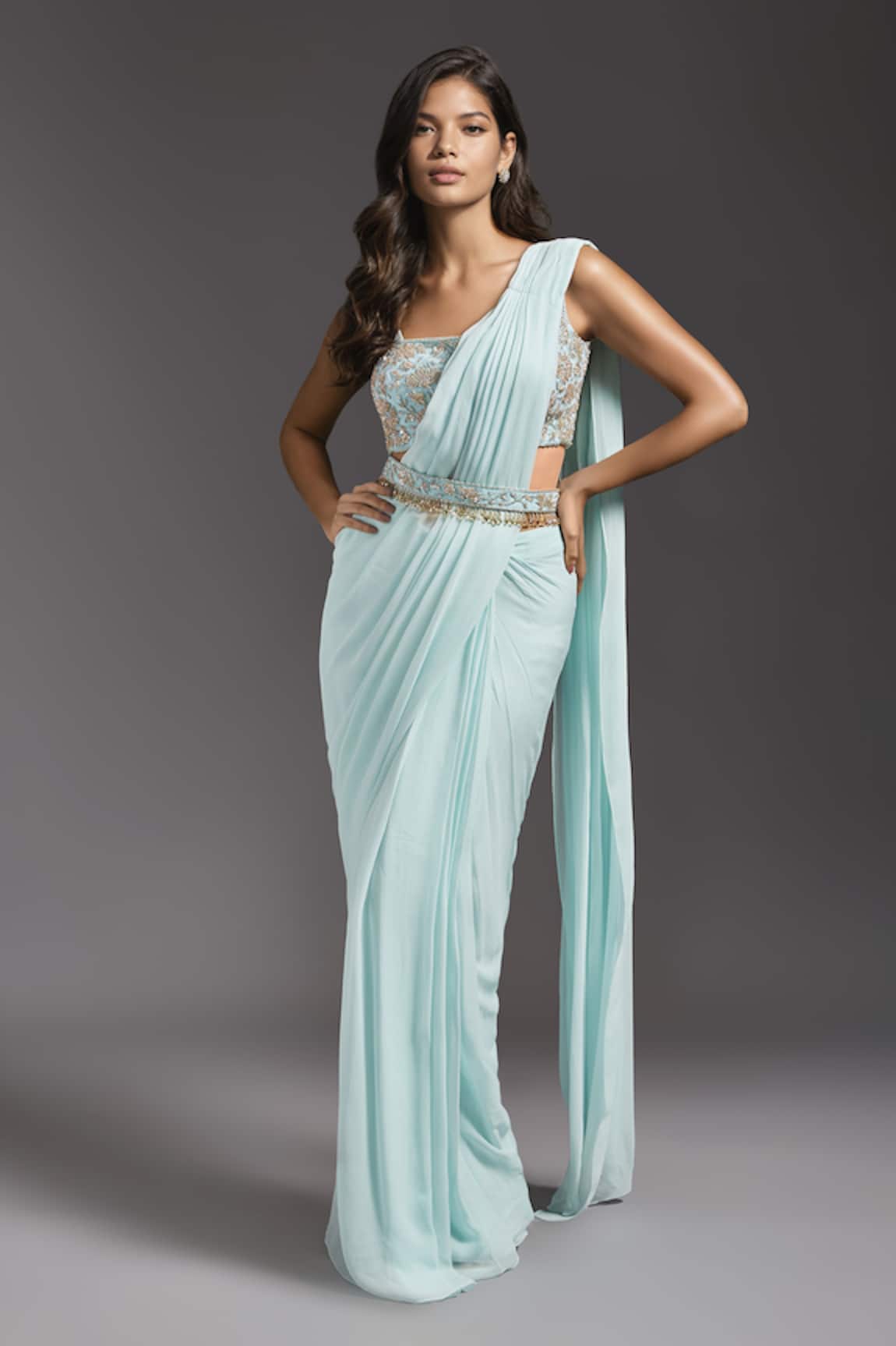 Maisolos Solid Pre-Draped Saree With Embroidered Blouse 