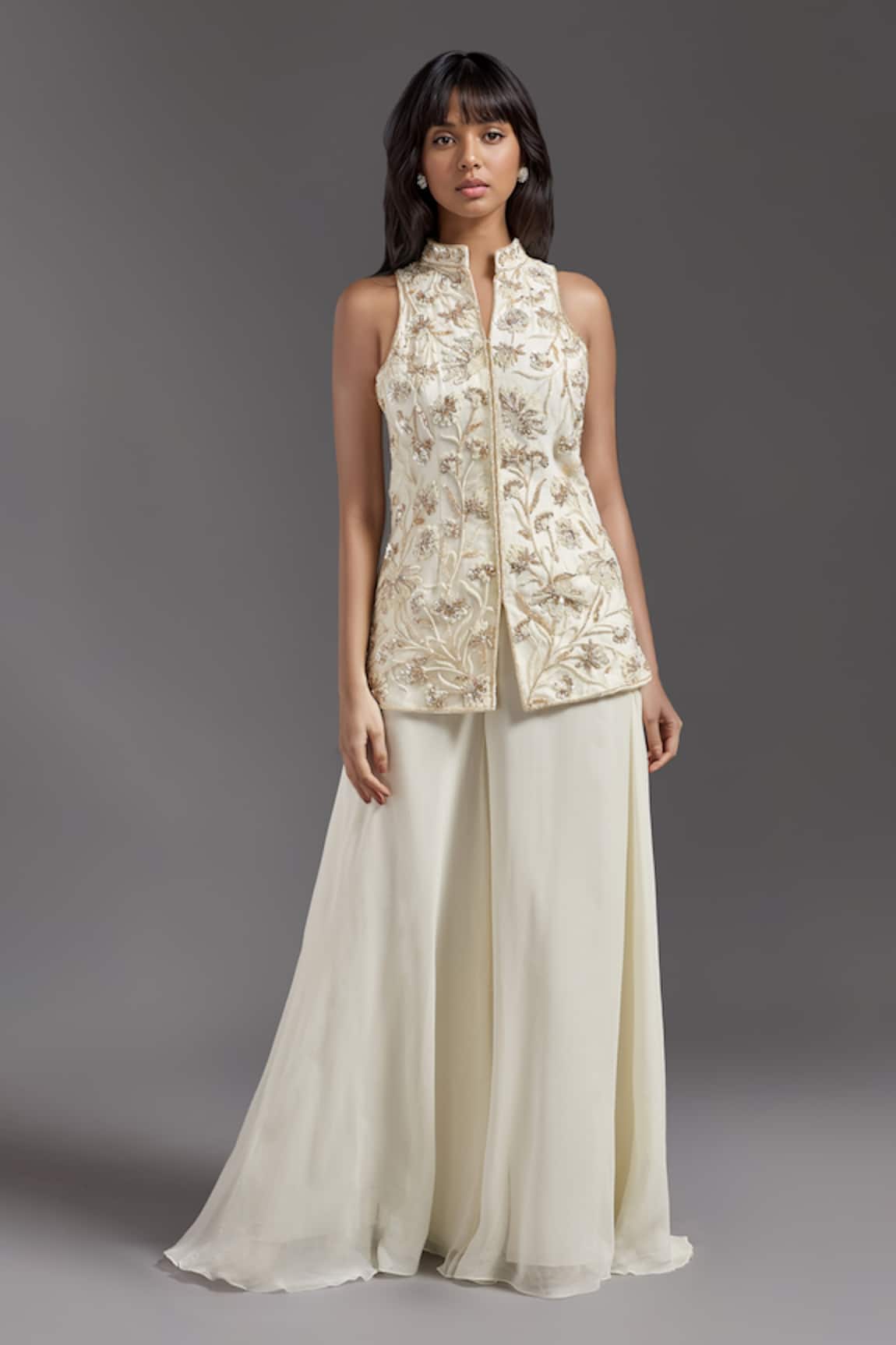 Maisolos Floral Veil Pattern Hand Embroidered Jacket With Sharara