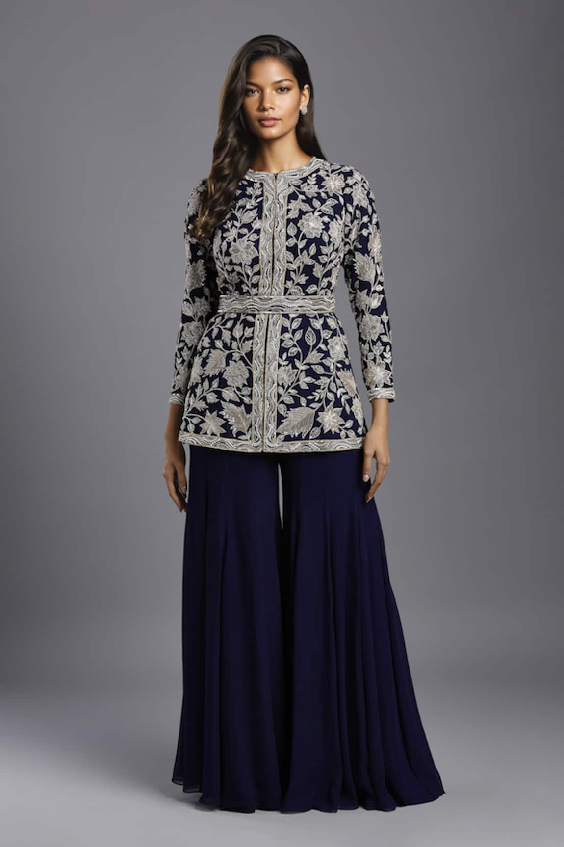 Maisolos Floral Hand Embroidered Peplum Jacket With Sharara 
