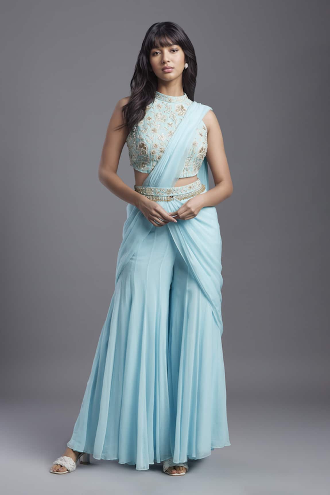 Maisolos Solid Pre-Draped Sharara Saree With Embroidered Blouse 