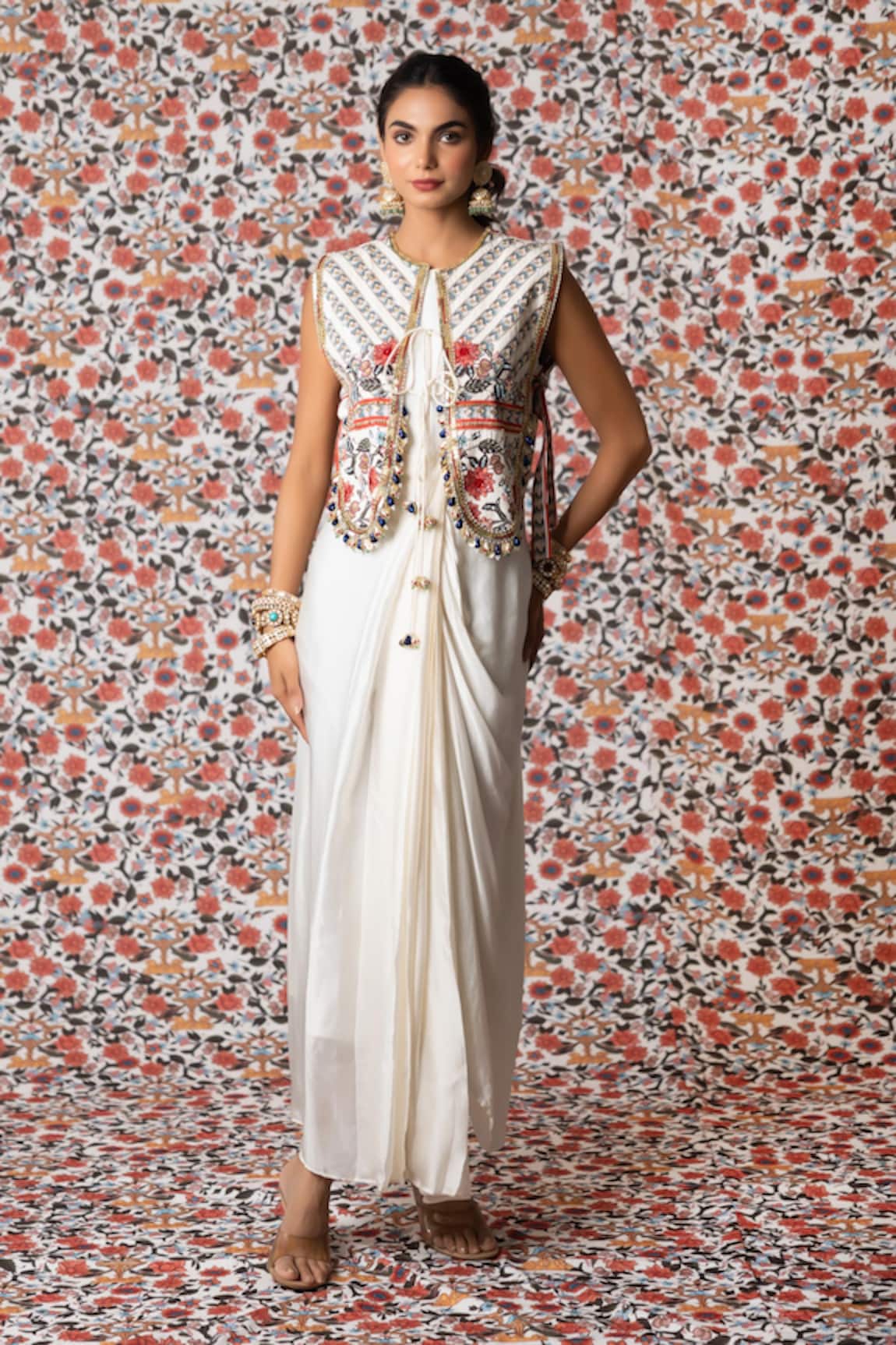 Payal & Zinal Solid Draped Dress With Embroidered Jacket 