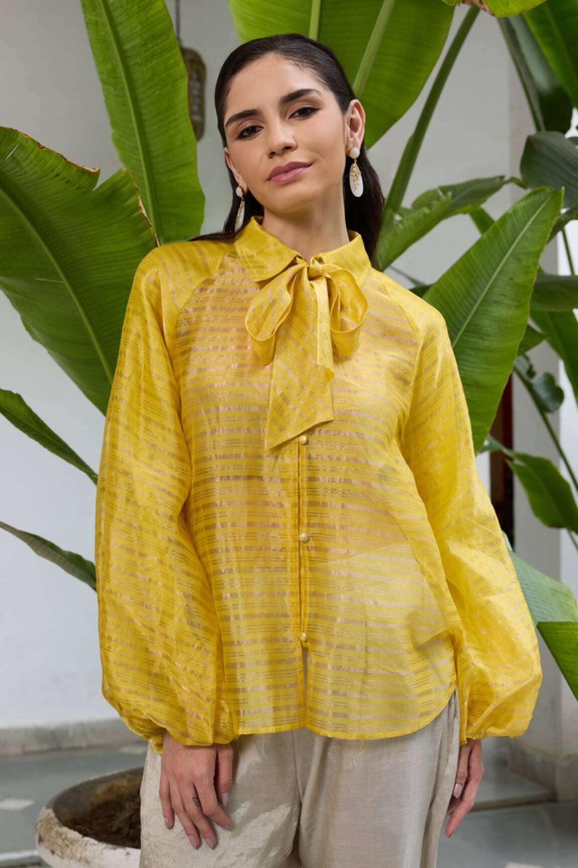 Raas Life Phool Glitterati Striped Tie Up Collar Shirt 