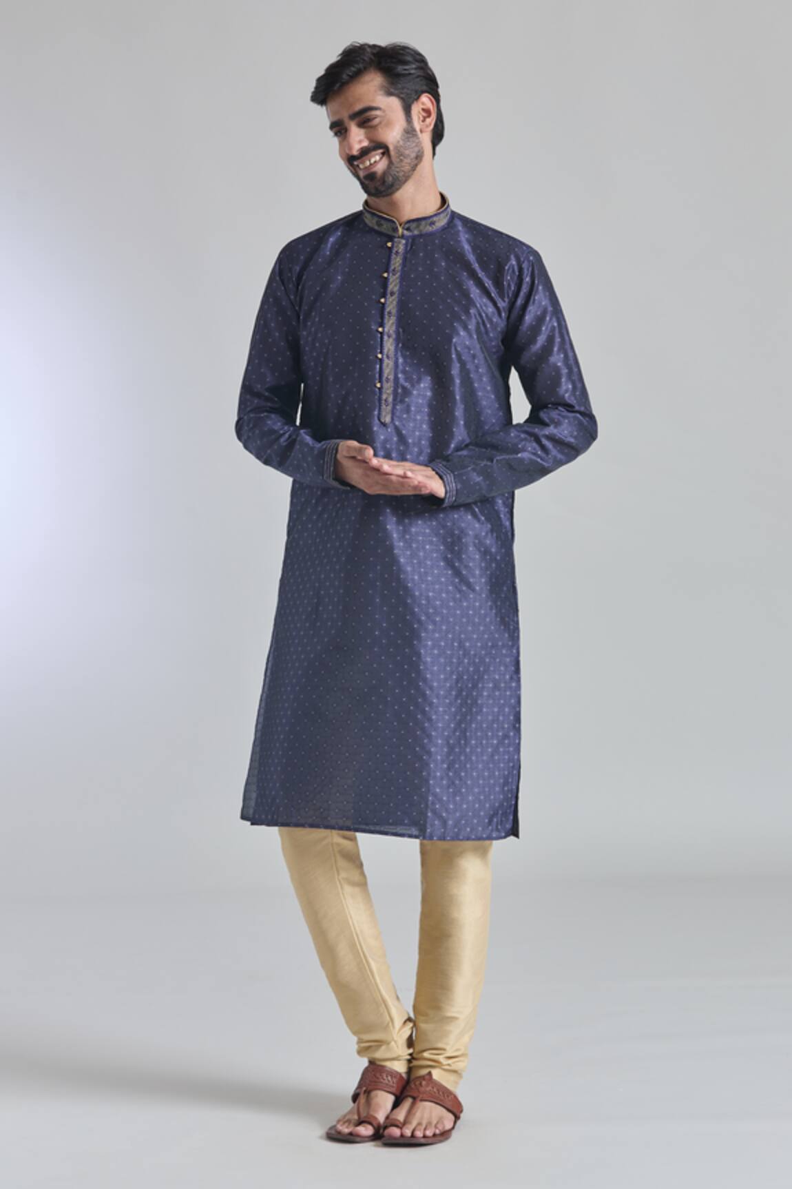 Arihant Rai Sinha Diamond Vine Woven Embroidered Placket Kurta With Churidar 
