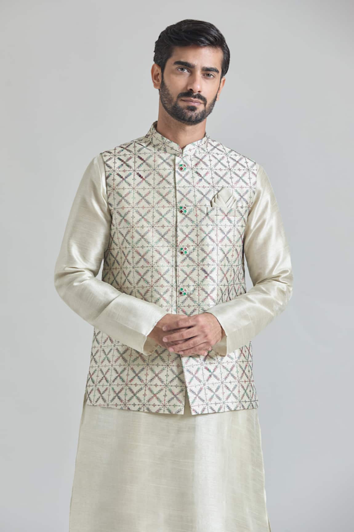 Arihant Rai Sinha Thread Embroidered Pista Green Bundi 