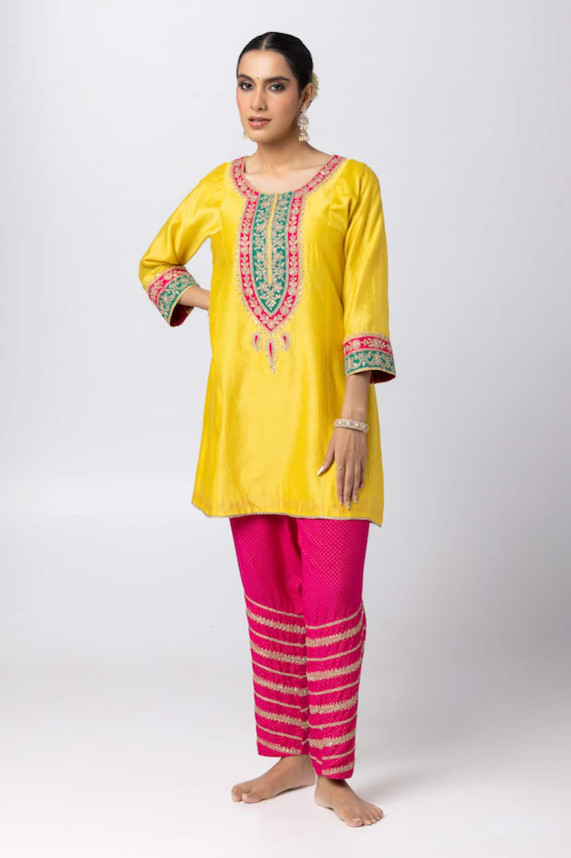 Pants and Pajamas Silk Chanderi Embroidered Short Kurta 