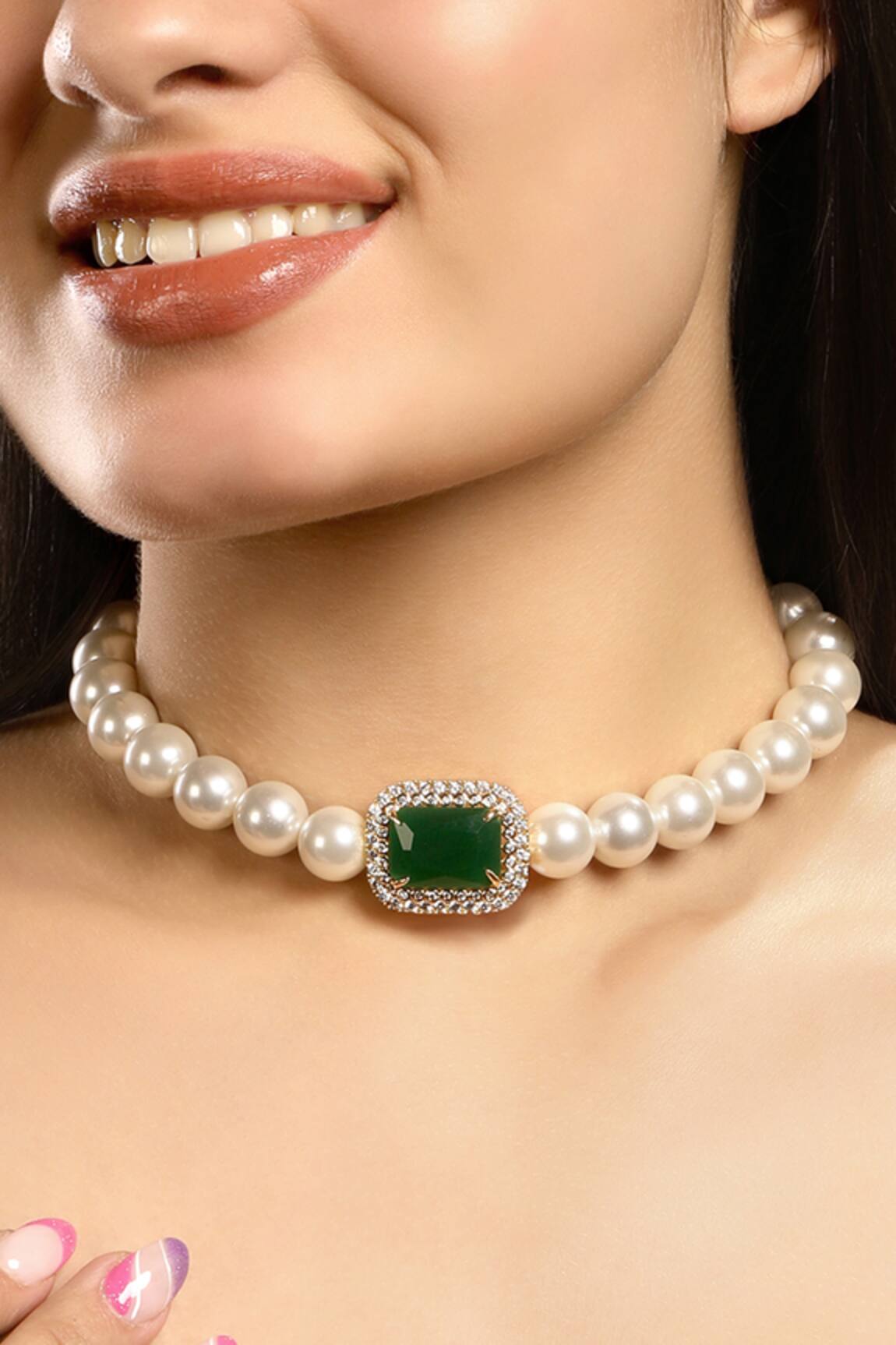 HRISHA Shell Pearl & Emerald Stone Embellished Choker Necklace