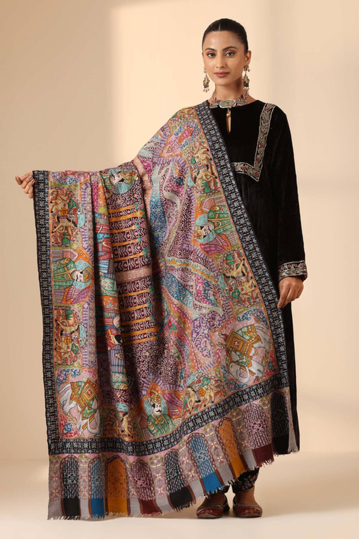DUSALA Ulwi Handwoven Kalamkari Border Shawl 