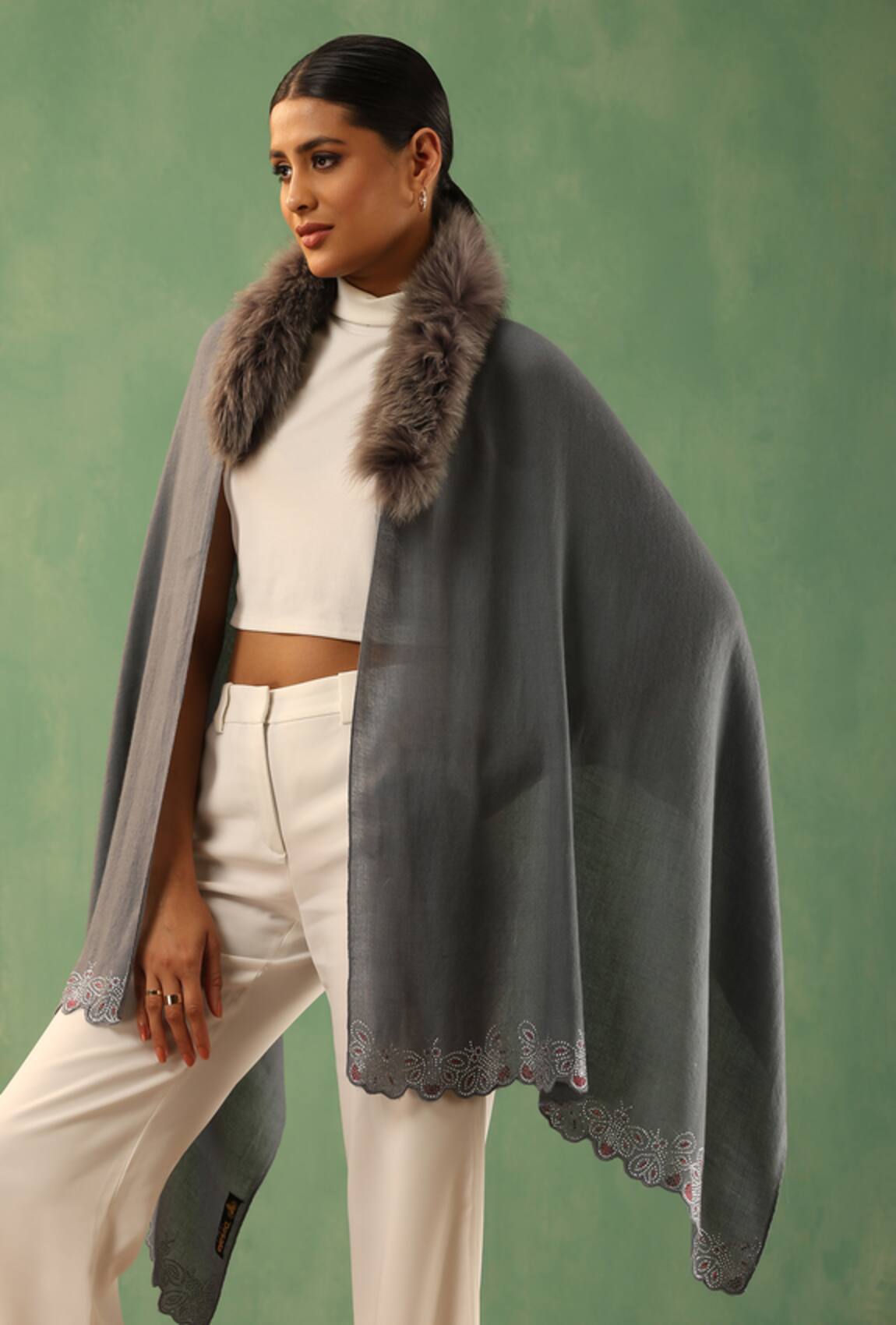 Dusala Mishty Fur Collar Embellished Stole 