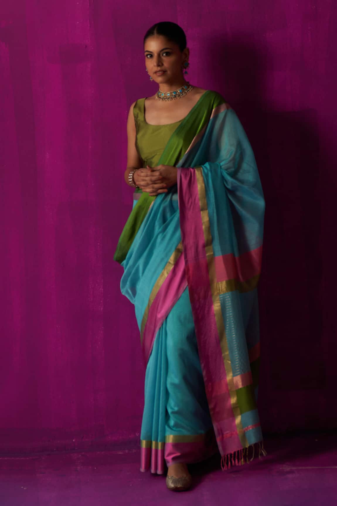 Five Point Five Indira Striped Pallu Saree With Running Blouse Piece 