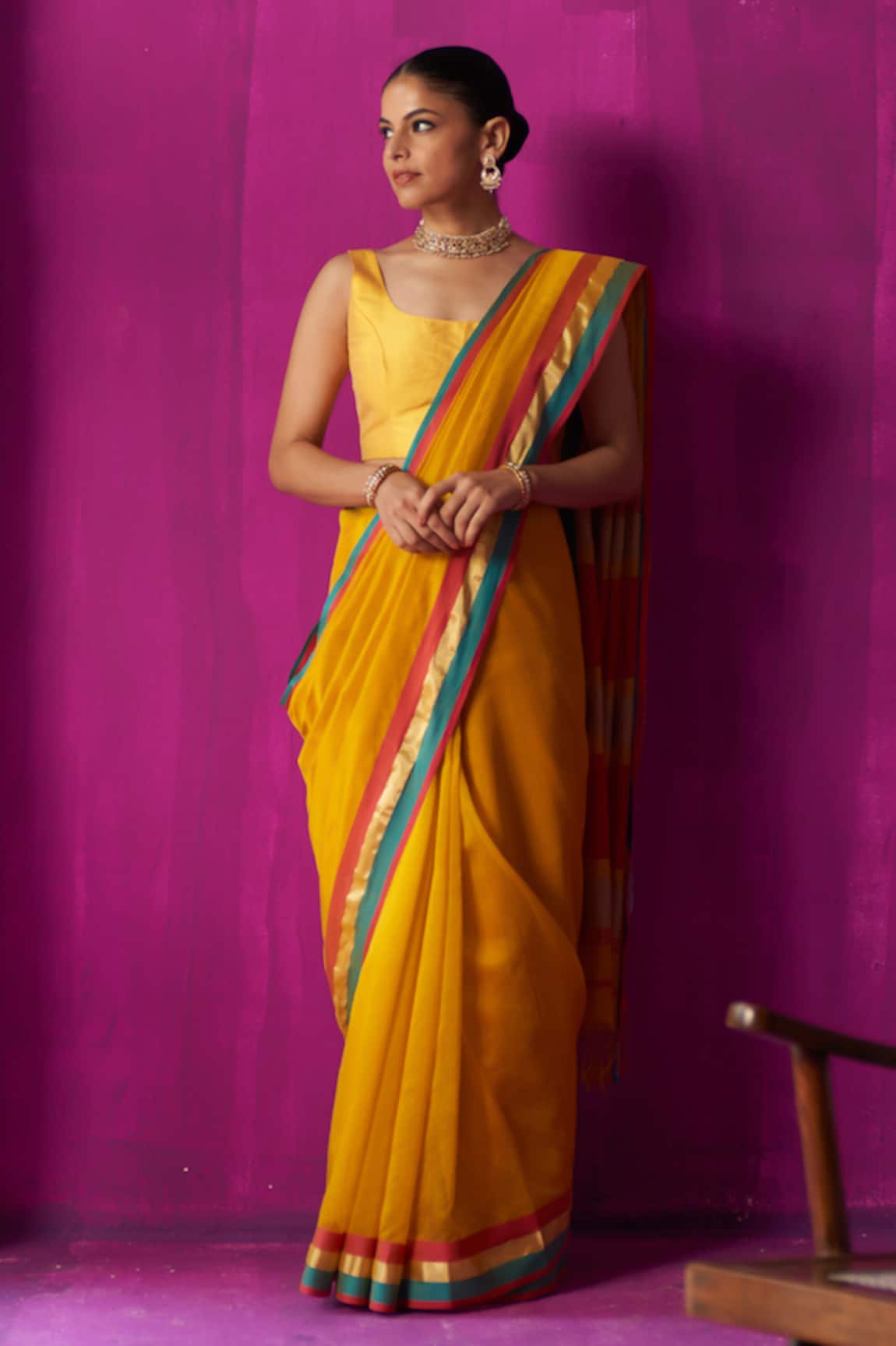 Five Point Five Chitra Color Block Detailed Saree With Running Blouse Piece 