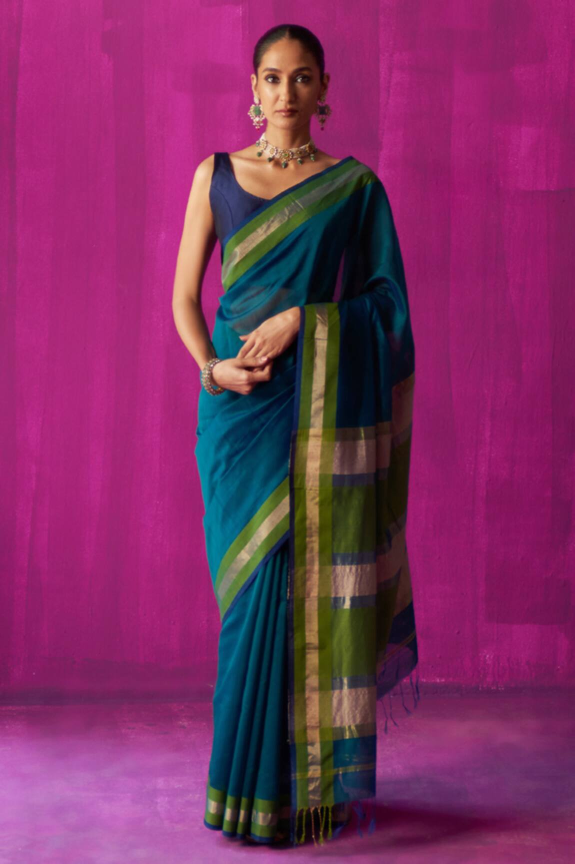 Five Point Five Chitra Color Block Pallu Saree With Running Blouse Piece 