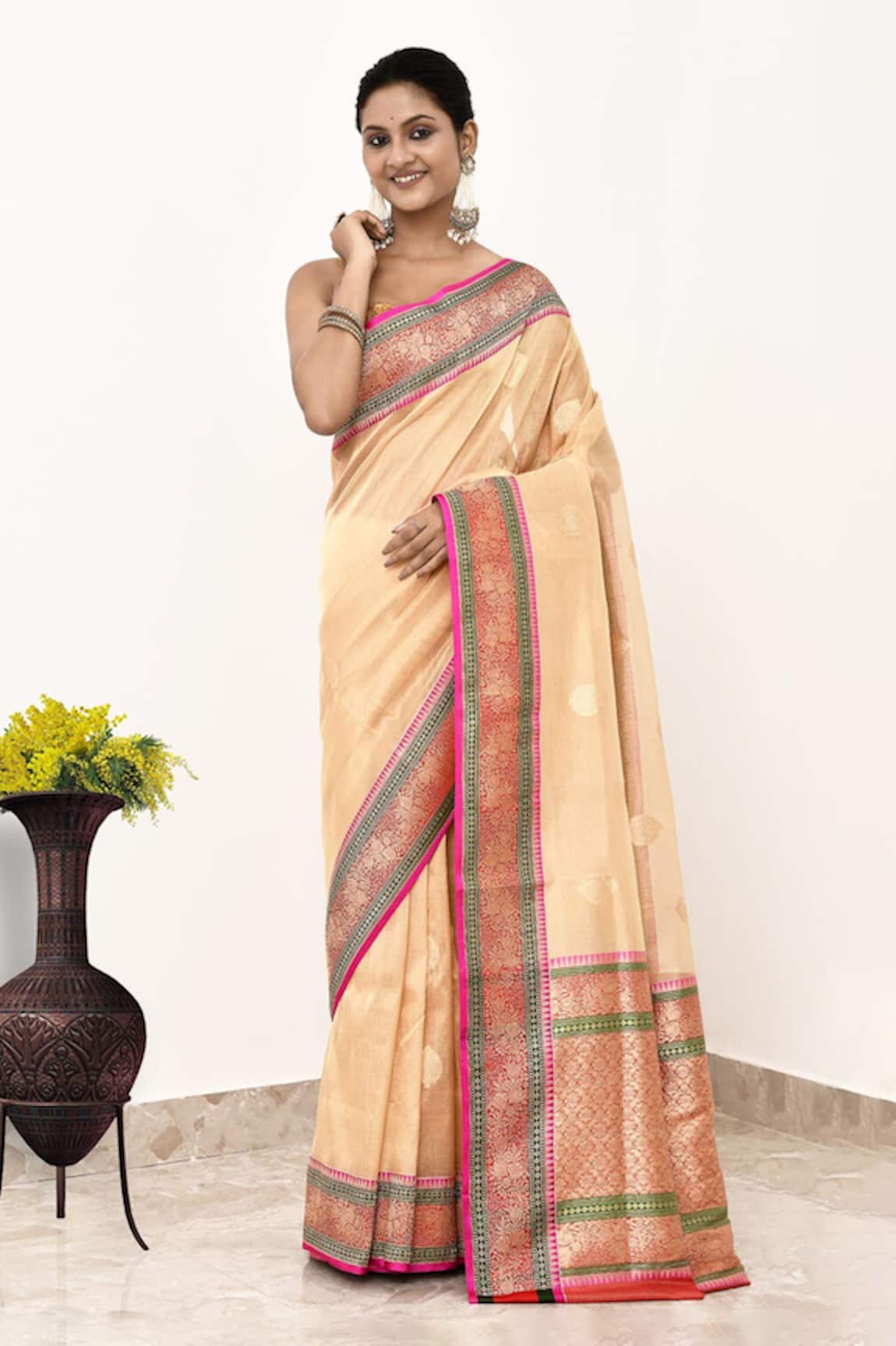 Naaritva India Floral Border Woven Banarasi Saree With Running Blouse 
