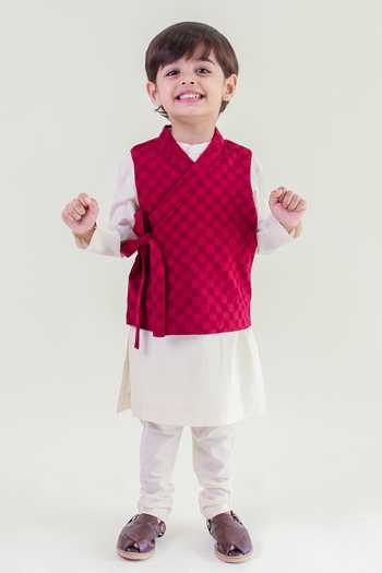 Tiber Taber Maroon Self Woven Bundi Kurta Set