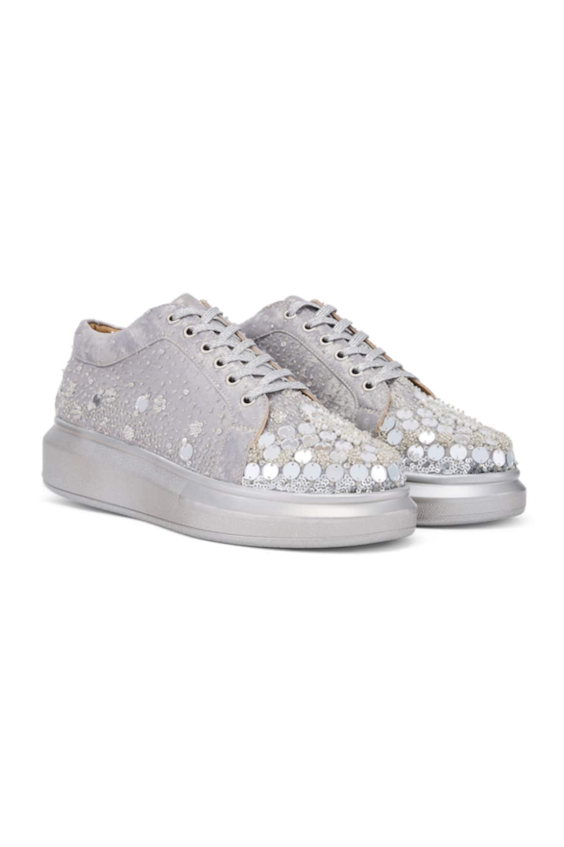 Anaar Sequin Embellished Silver Sneakers 