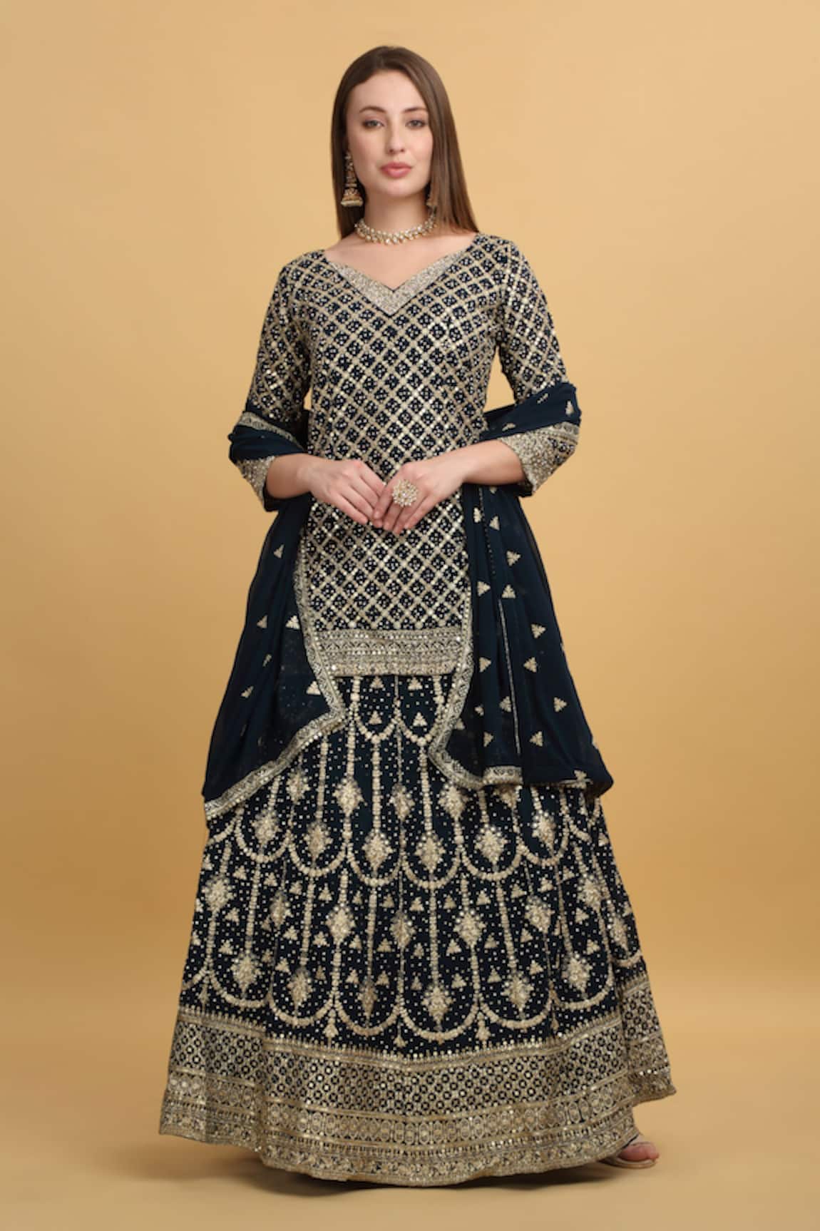Aham-Vayam Saloni Checkered Embroidered Kurta Lehenga Set 