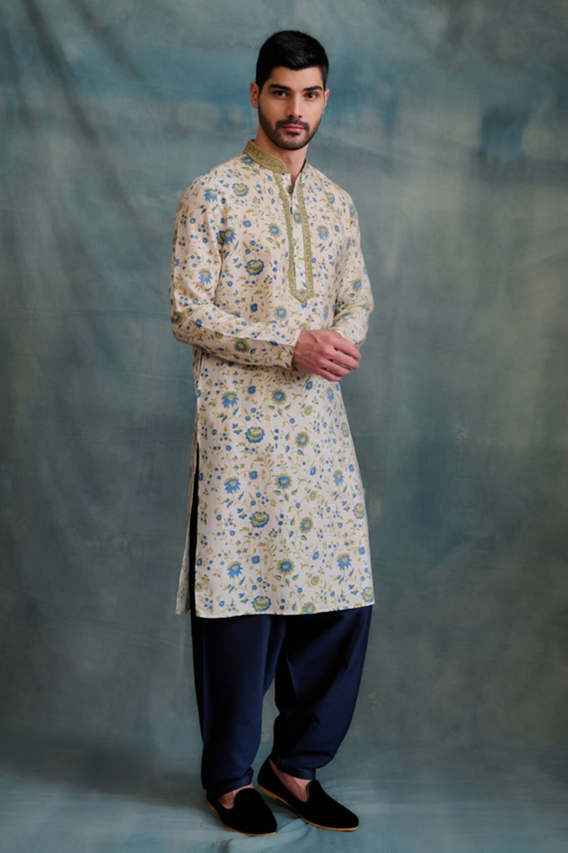 Krishna Mehta Floral Jaali Block Print Kurta With Pathani Salwar 