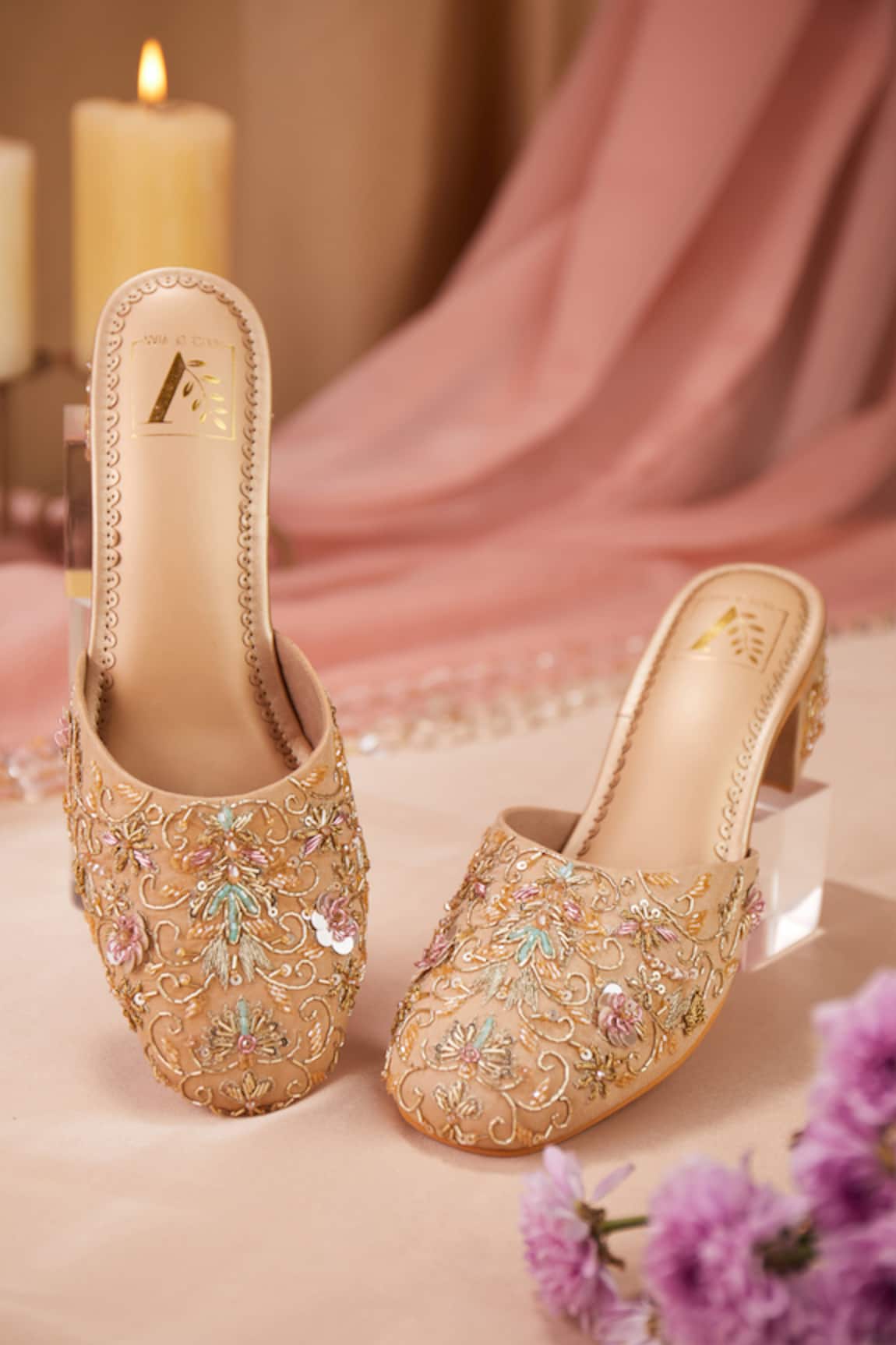 House Of Vian Gulzar Floral Pastel Embroidered Mule Heels 